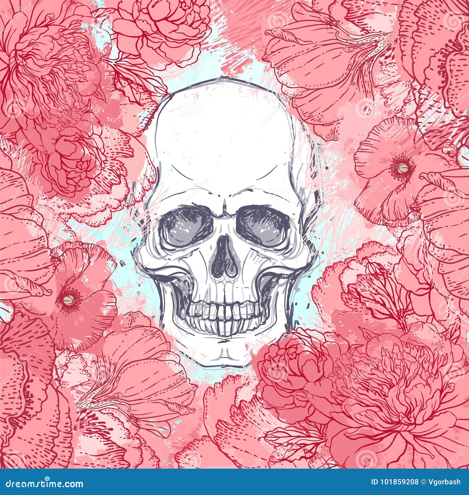 Human Skull With Peony Rose And Poppy Flowers On Watercolor