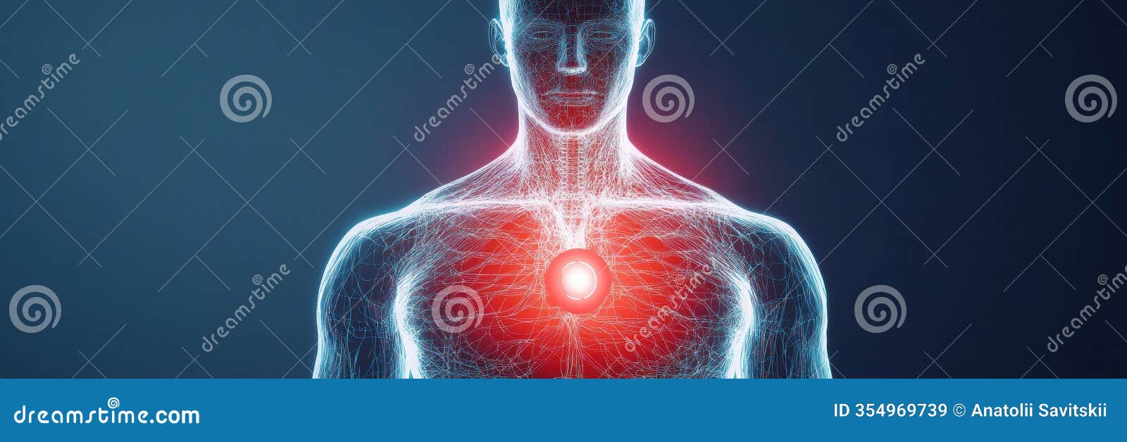 glowing human torso featuring a vibrant red focal point located in the stomach area. generative ai