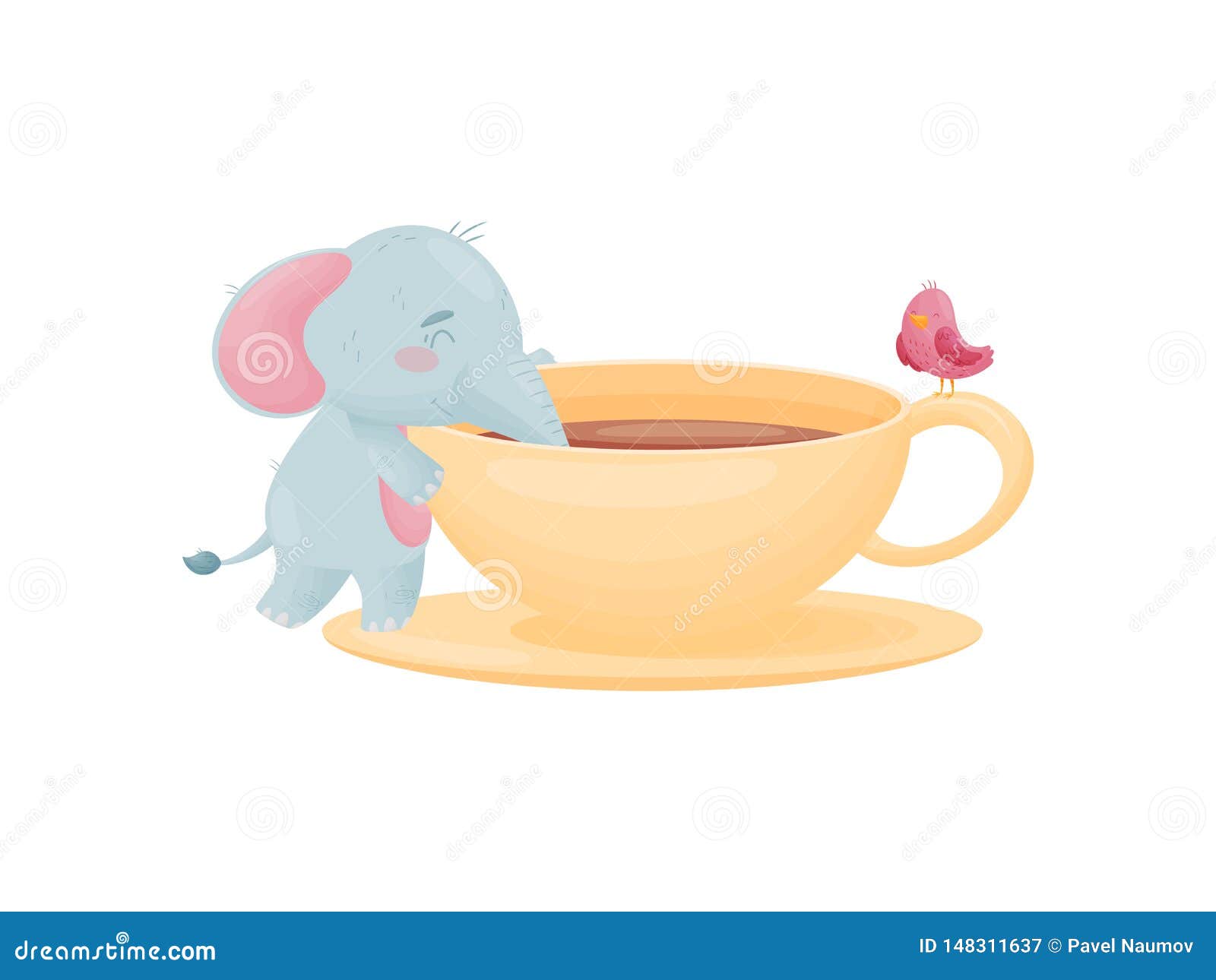 Humanized Cute Baby Elephant Drinks Tea From A Huge Cup. Vector