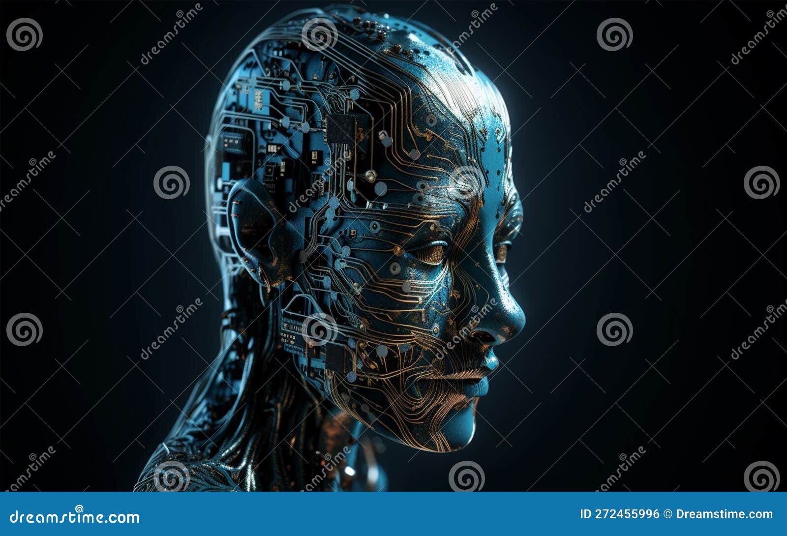 humanoid artificial intelligence circuit board robot head, neural network of big data, brain deep learning, generative ai