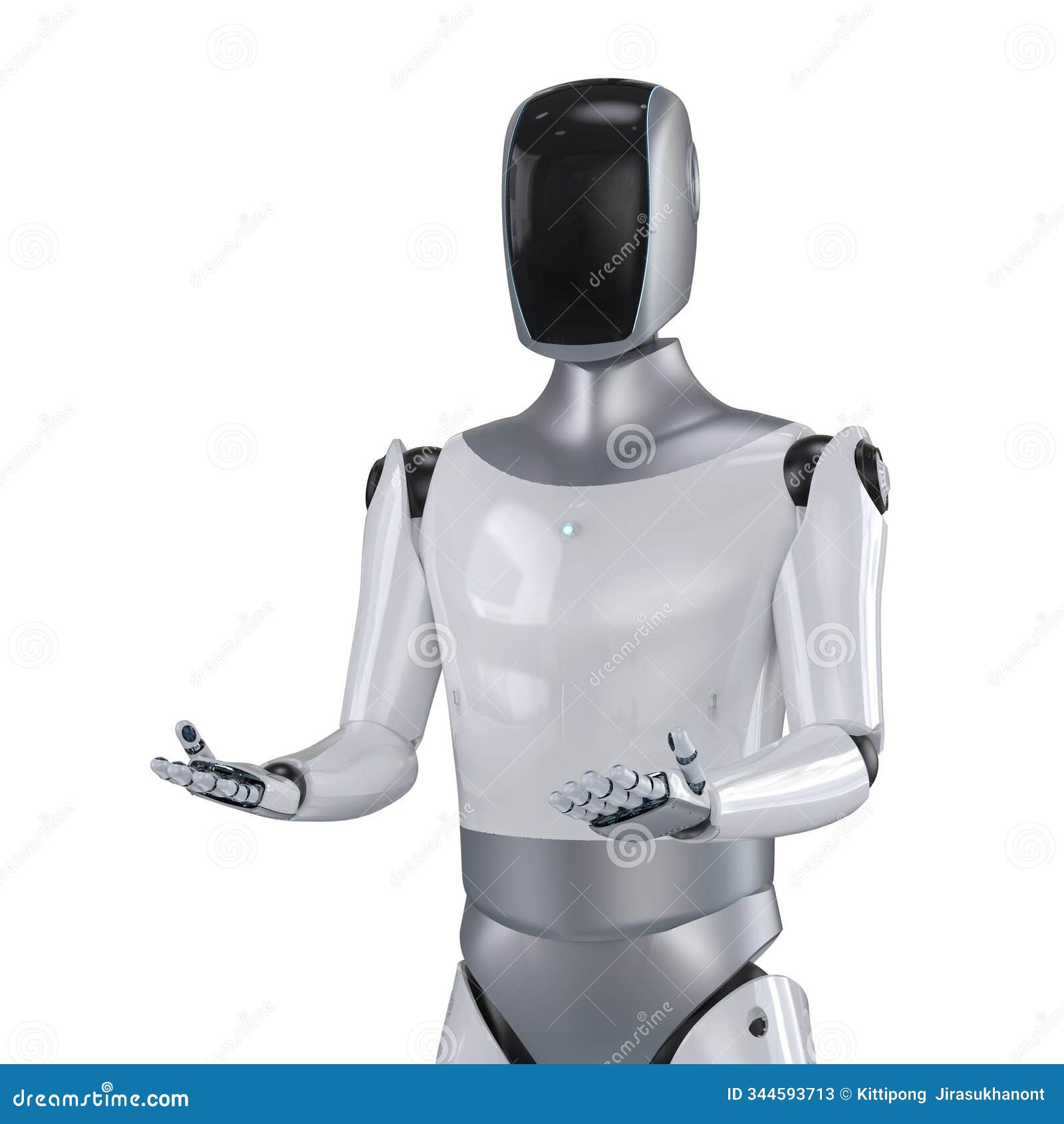humanoid robot with black face hand extend  on white