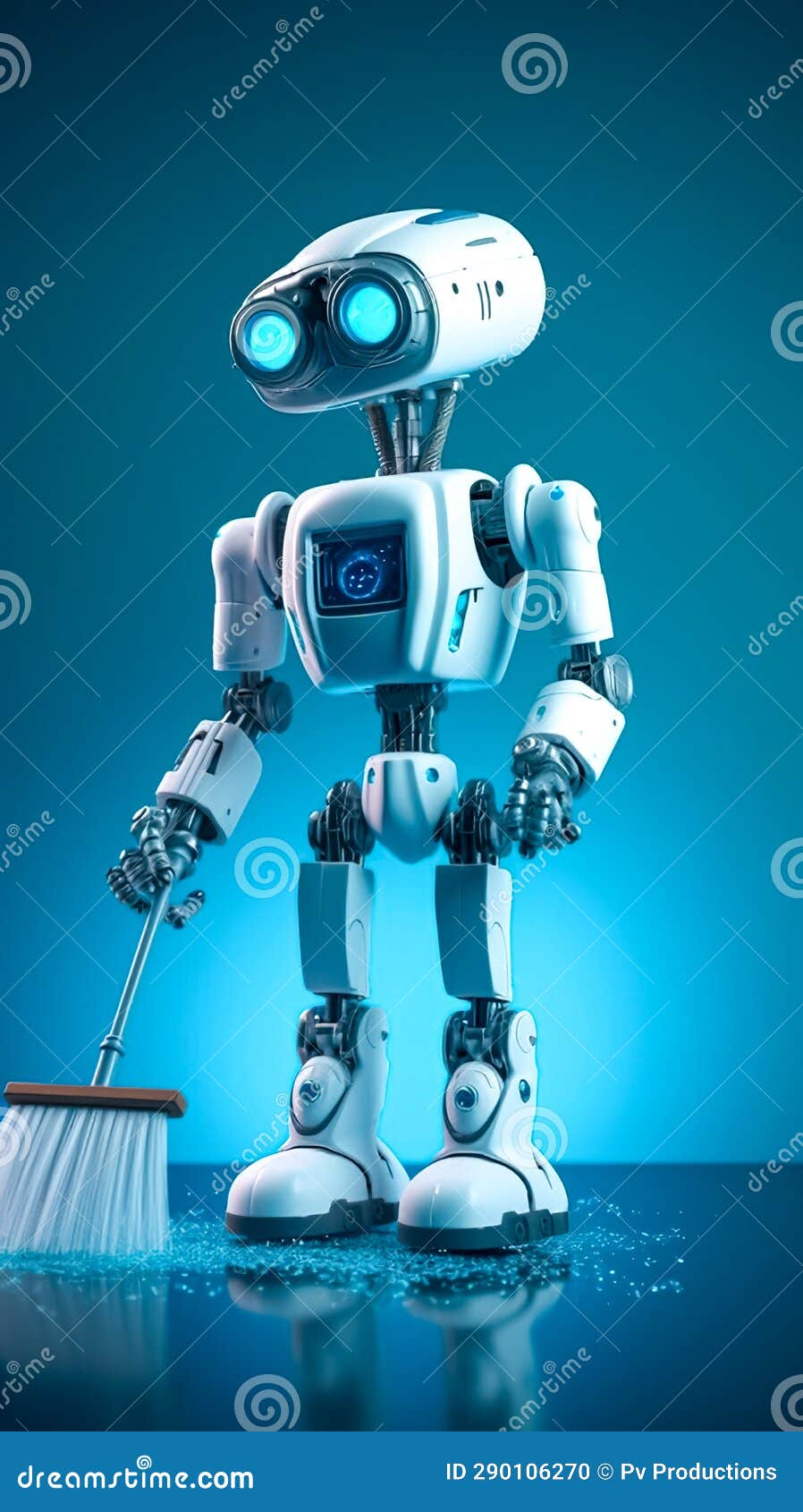 Humanoid Robot Holding a Broom for Cleaning, Generative AI. Stock Photo