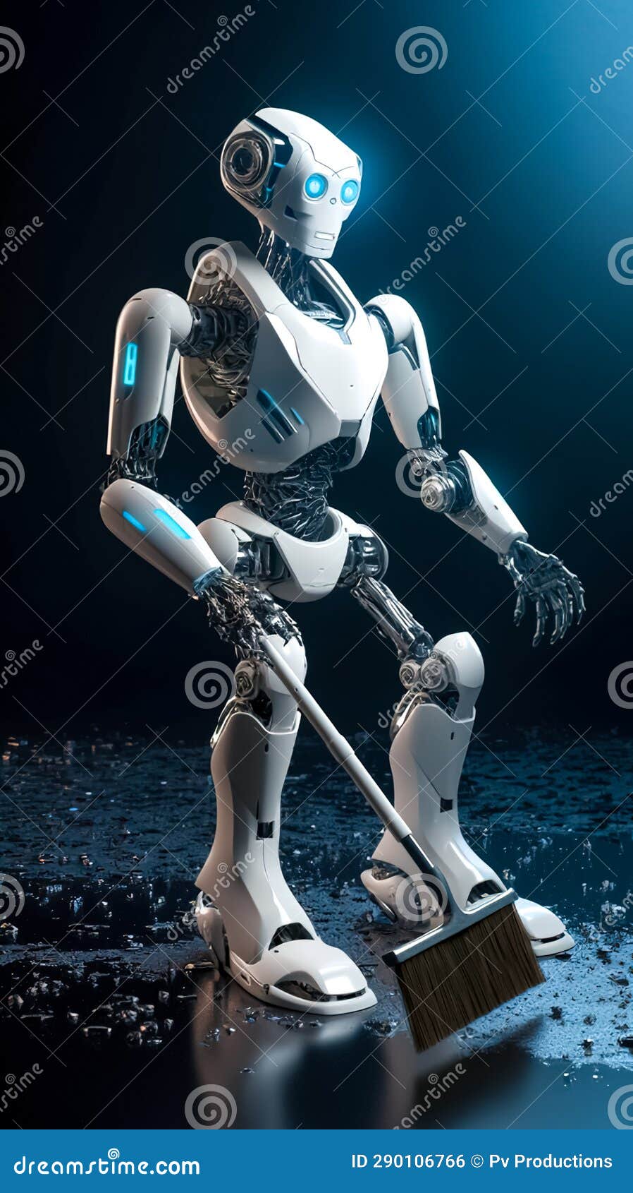 Humanoid Robot Holding a Broom for Cleaning, Generative AI. Stock Photo