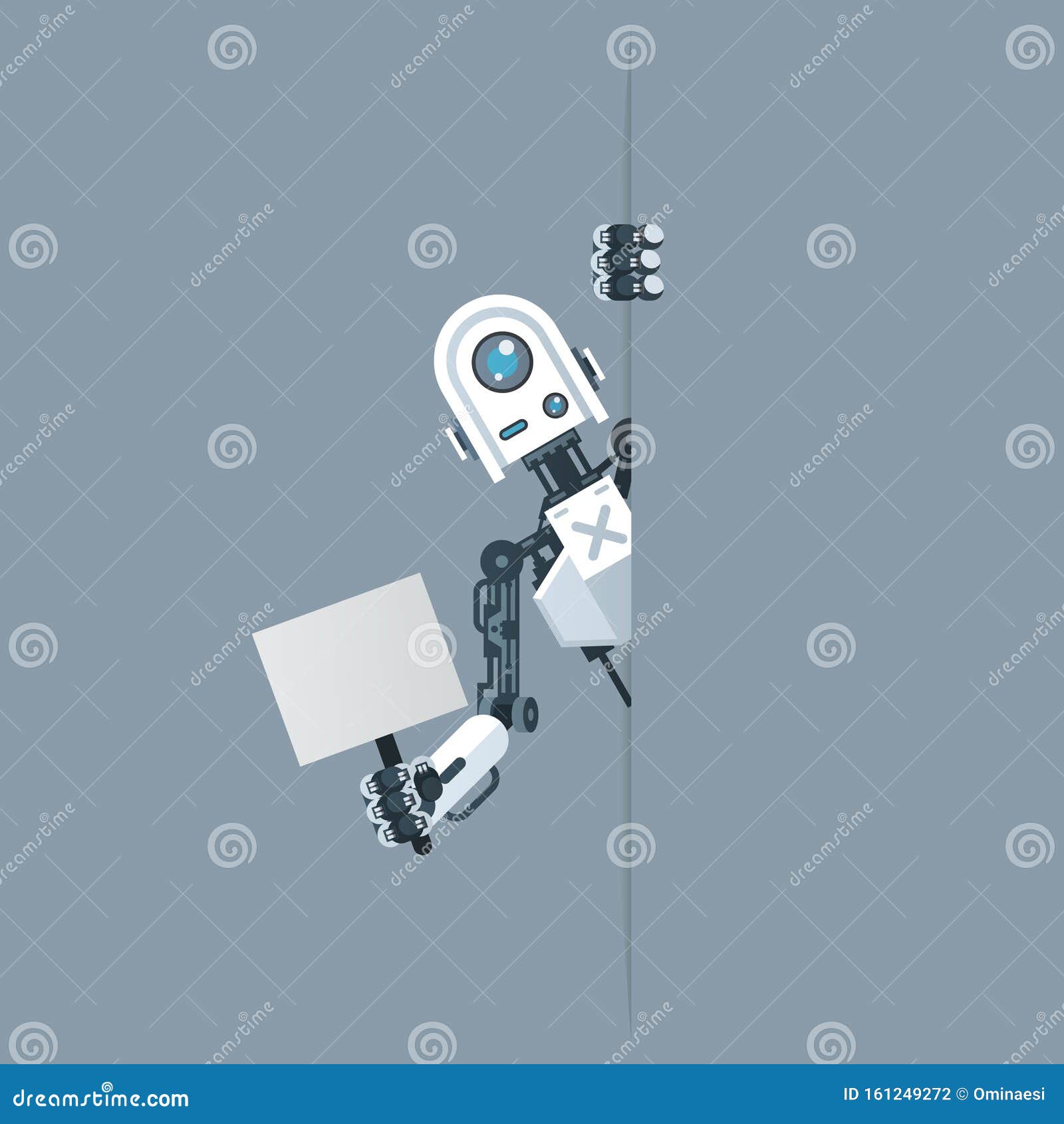 humanoid robot look out corner with poster in hand artifical intellelegence technology science fiction 3d  