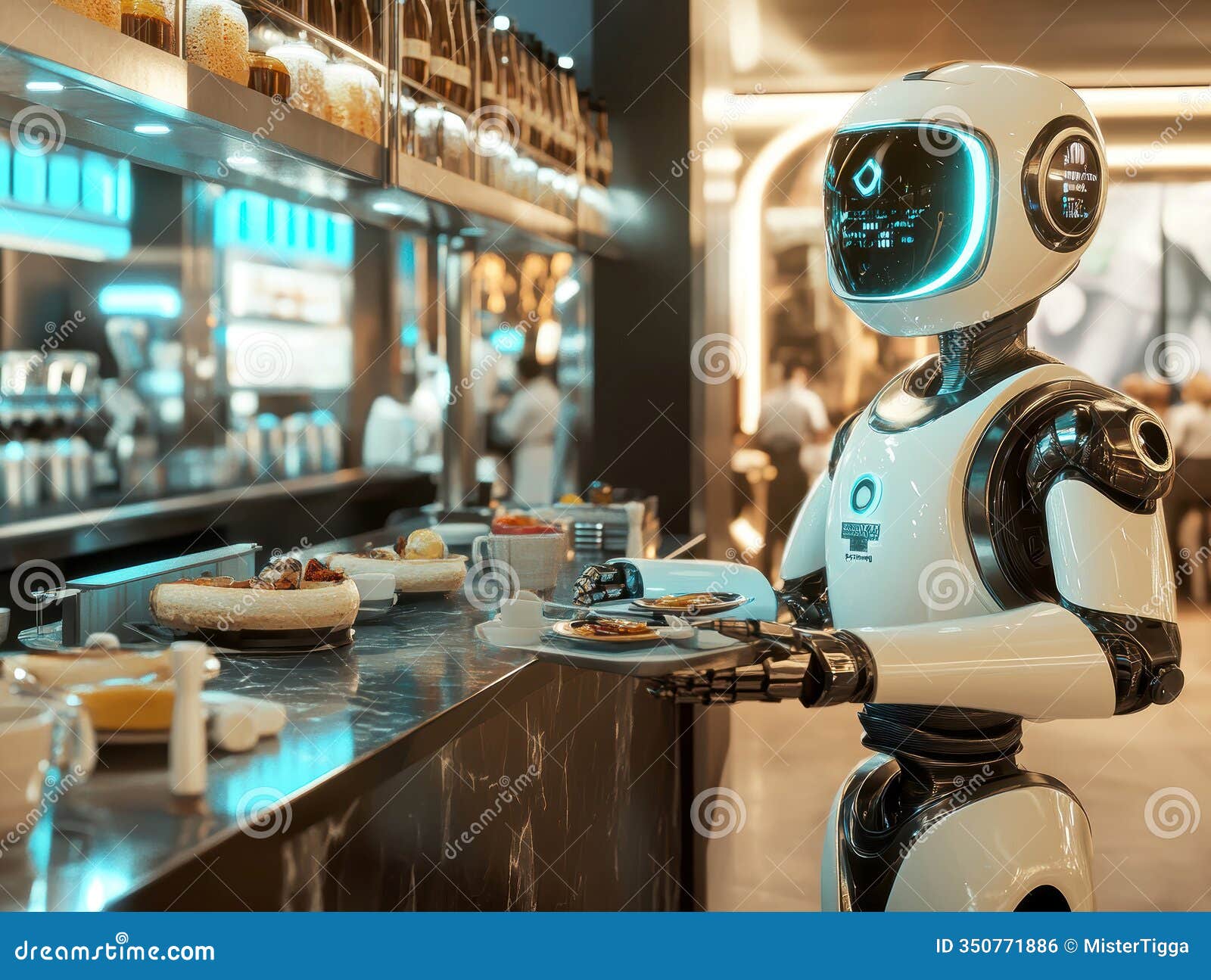 a humanoid robot stands at a bar counter, ready to serve in a white suit with blue accents surrounding items include