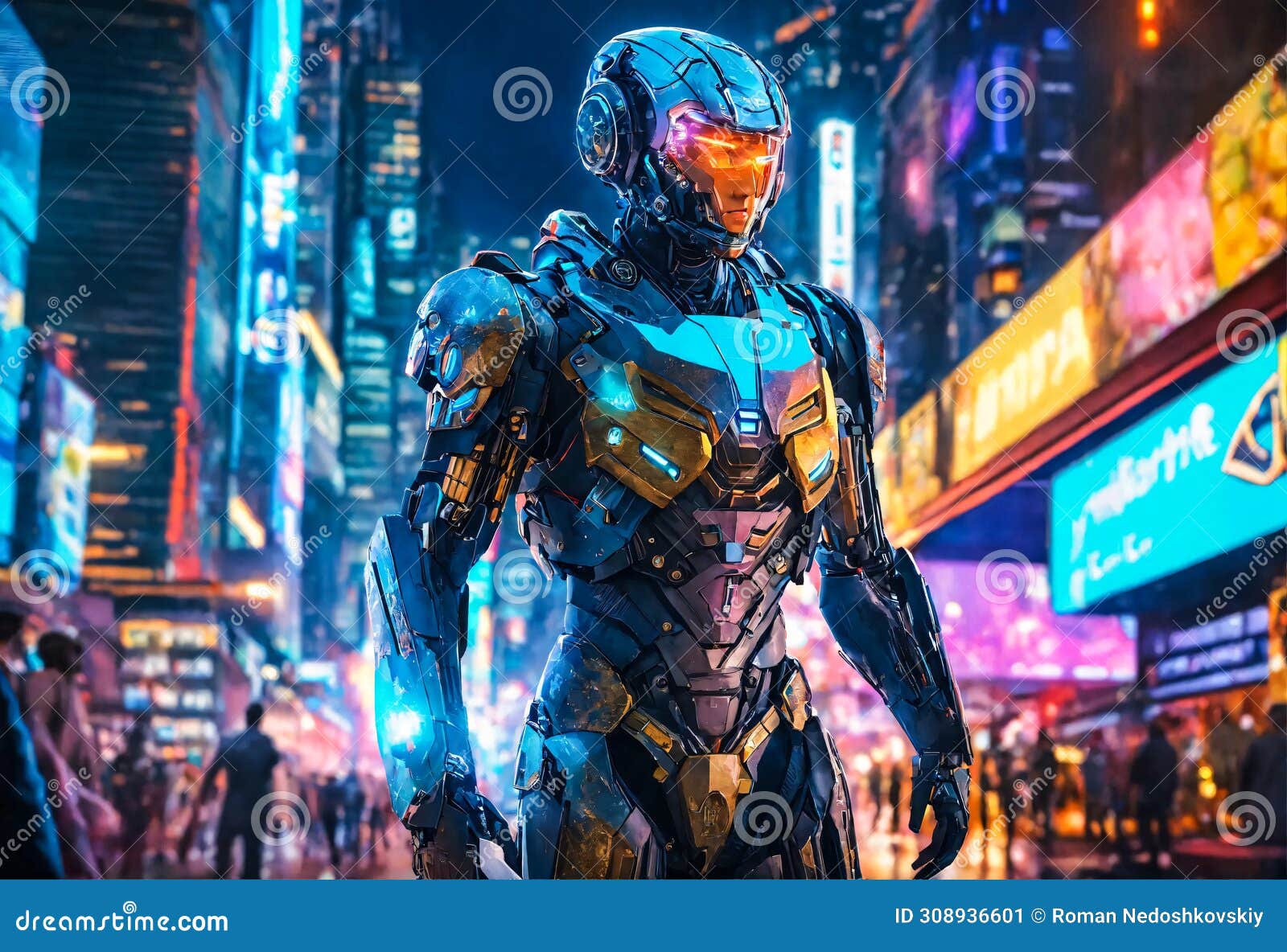 Humanoid robotic human with artificial intelligence on big city
