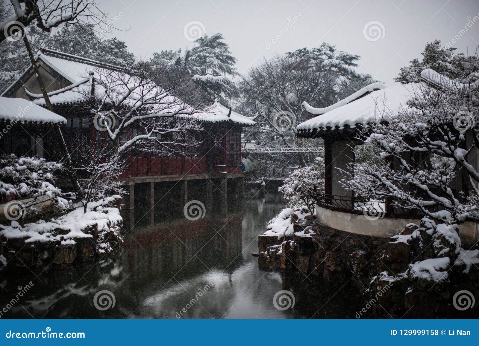 humble administrator`s garden in snow, ancient suzhou, china