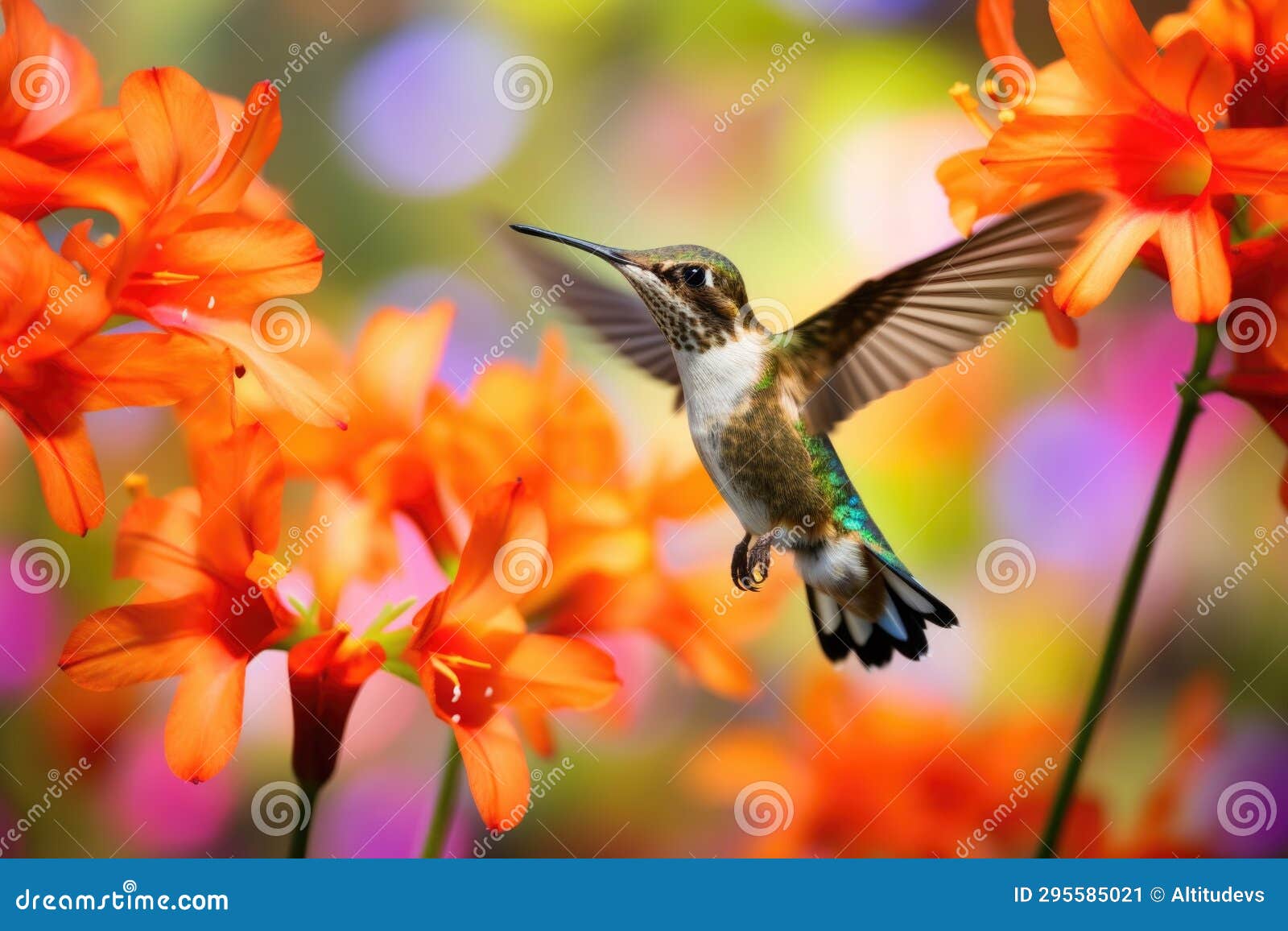 Hummingbird Hovering Over Brightly Colored Flowers Stock Image Image