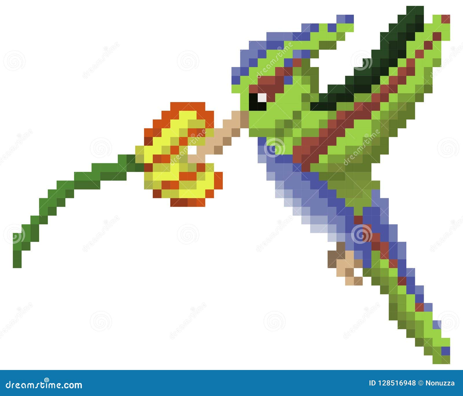 a hummingbird near a flower icon,pixel art.concept ,web  for print.