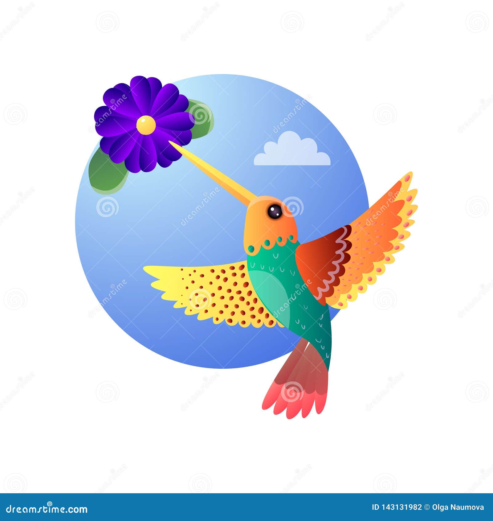 hummingbirds with color plumage flying and collecting nectar from exotic bloomy flower