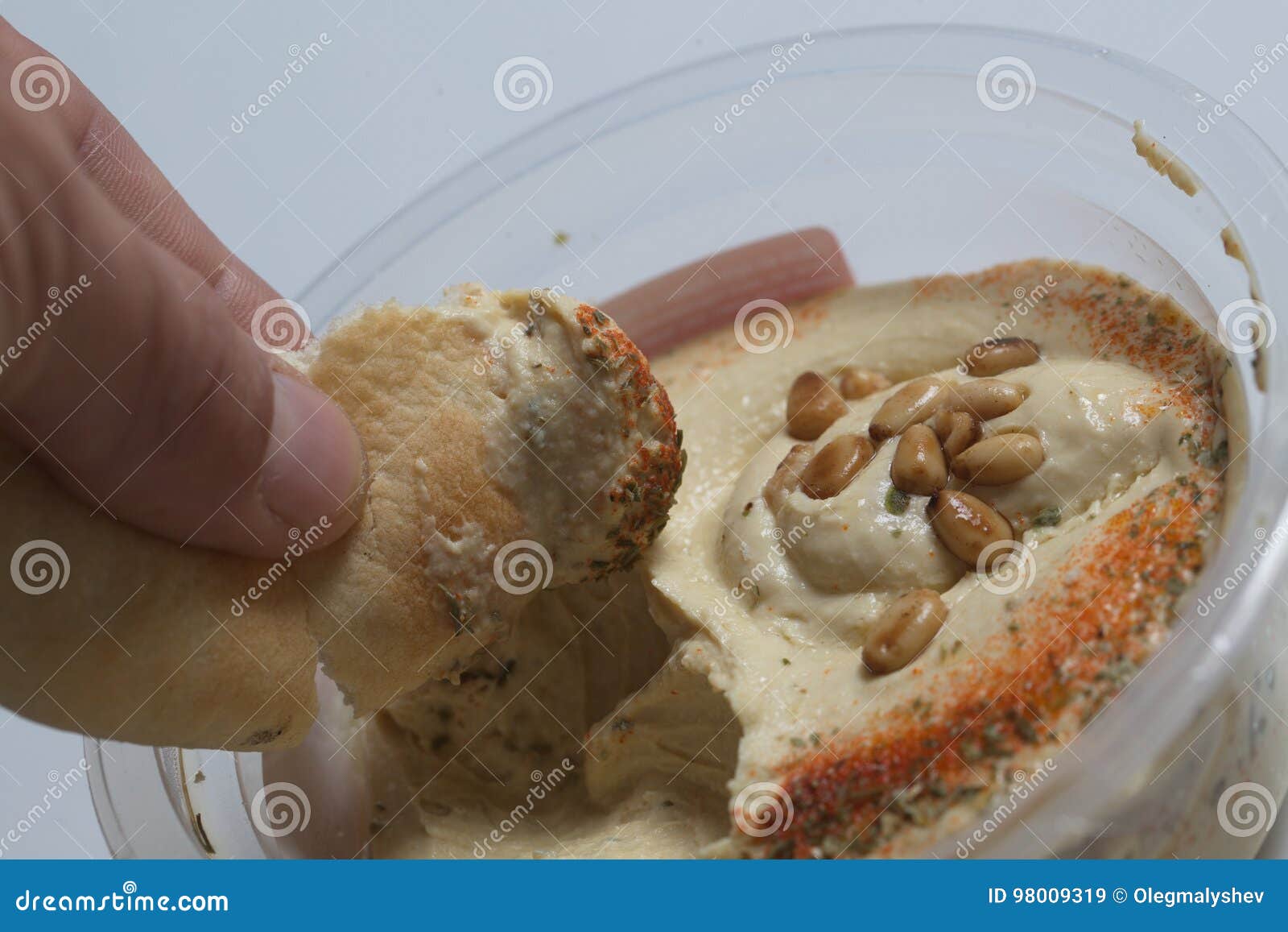Hummus with Cedar Nuts in the Jar and Fresh Pita Stock Image Image of