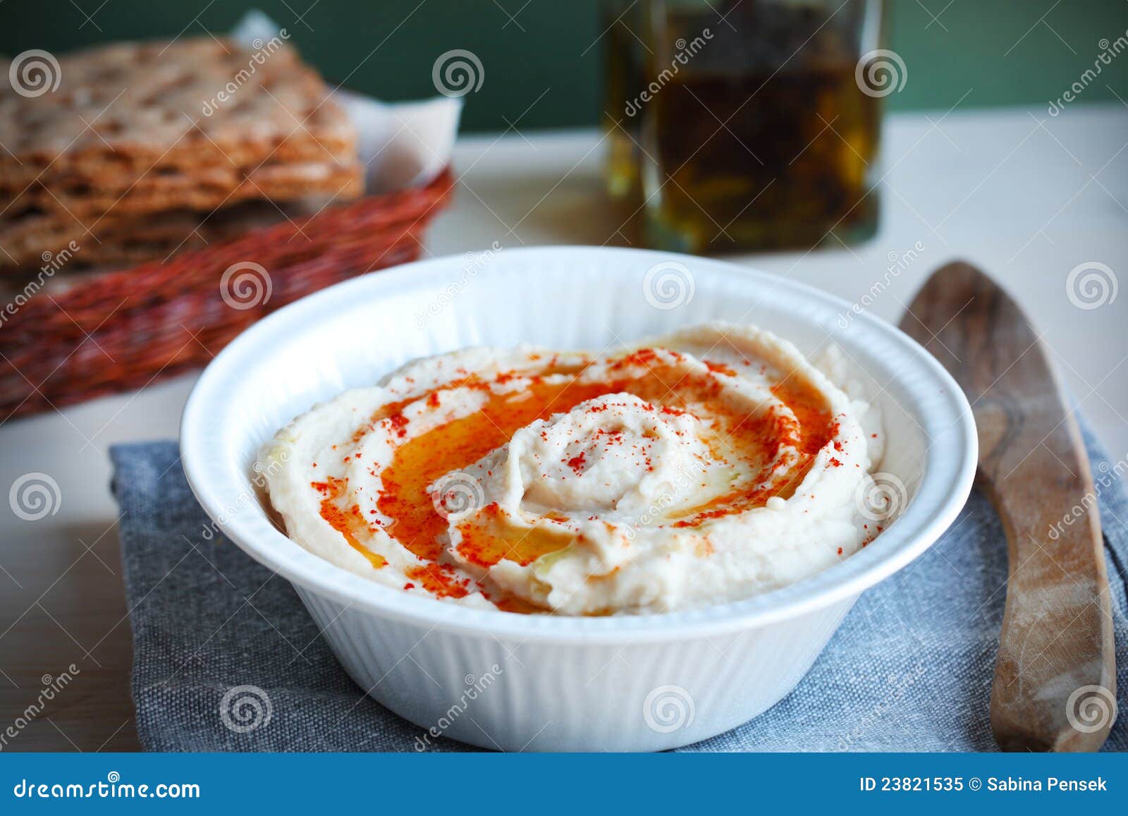 Hummus Dip with Olive Oil and Crisp Bread Basket Stock Image Image of
