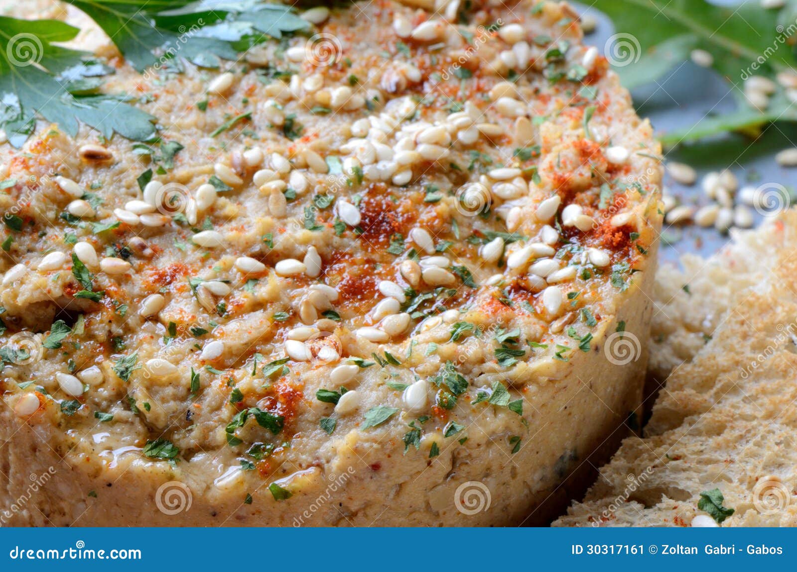 Hummus with Sesame Seeds and Parsley Close Up Stock Image Image of