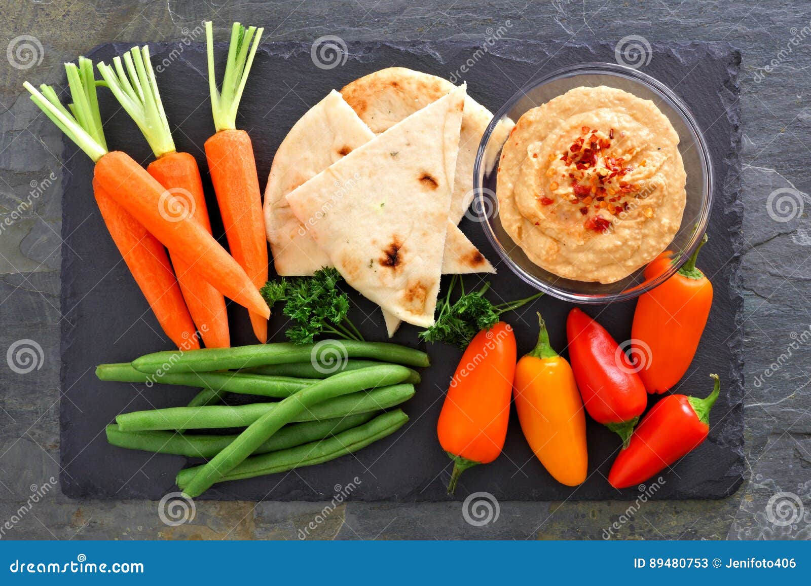 Hummus Vegetable Platter, Above View on Slate Stock Image Image of