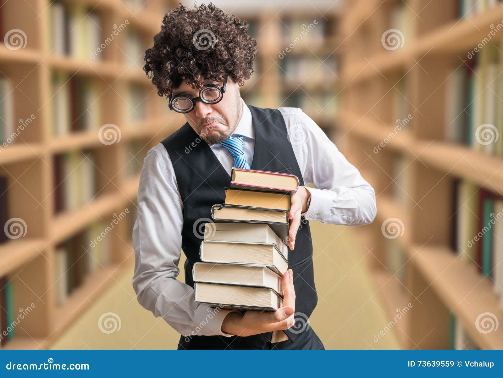 humorous nerd professor with many books in library