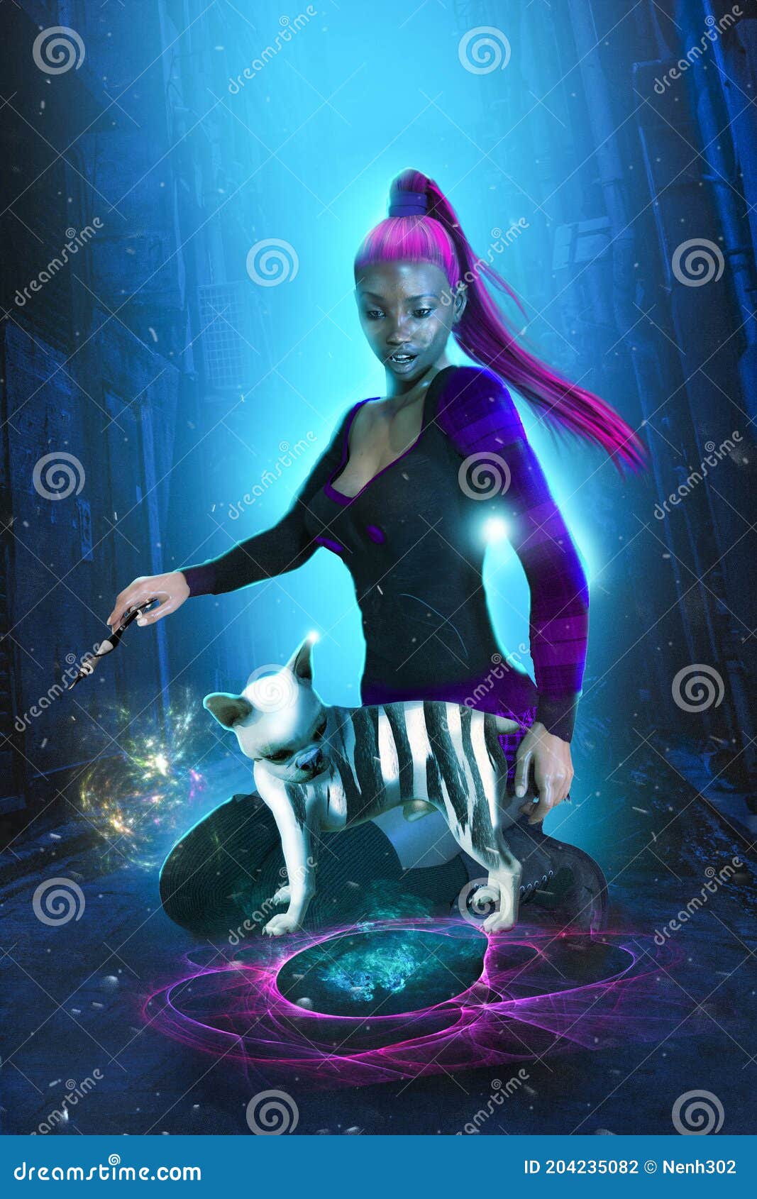 modern young witch with her dog into troubles