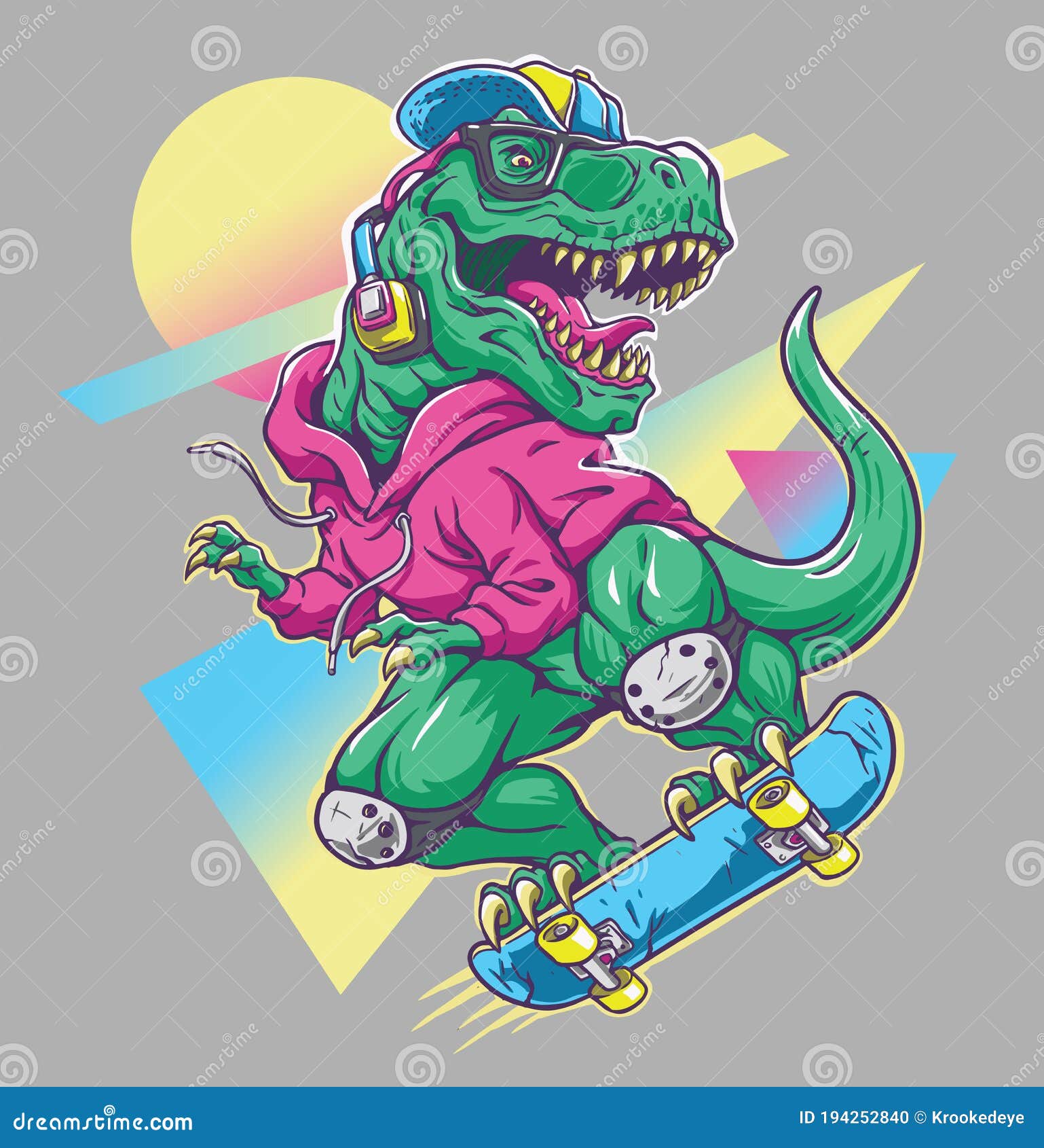 humorous t rex dinosaur riding on skateboard. cool 80Ã¢â¬â¢s  style.