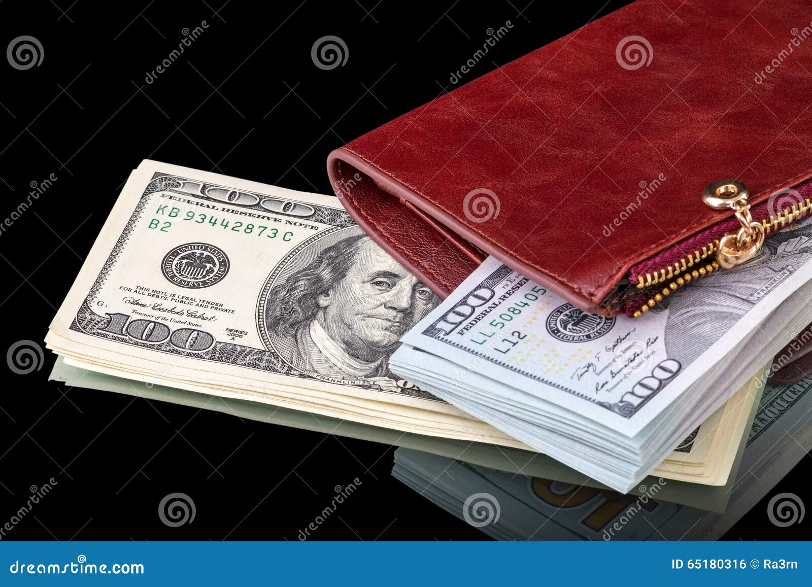 Hundred Dollar Bills on a Leather Purse Stock Photo - Image of number ...