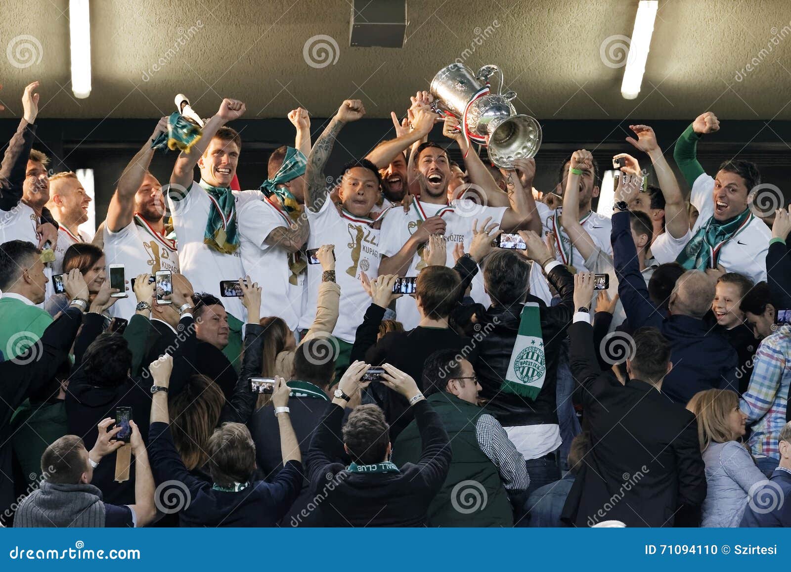 BUDAPEST, HUNGARY - MAY 7, 2016: The Team Of Ferencvarosi TC Celebrate With  The Goblet During The Hungarian Cup Final Football Match Between Ujpest FC  And Ferencvarosi TC At Groupama Arena On