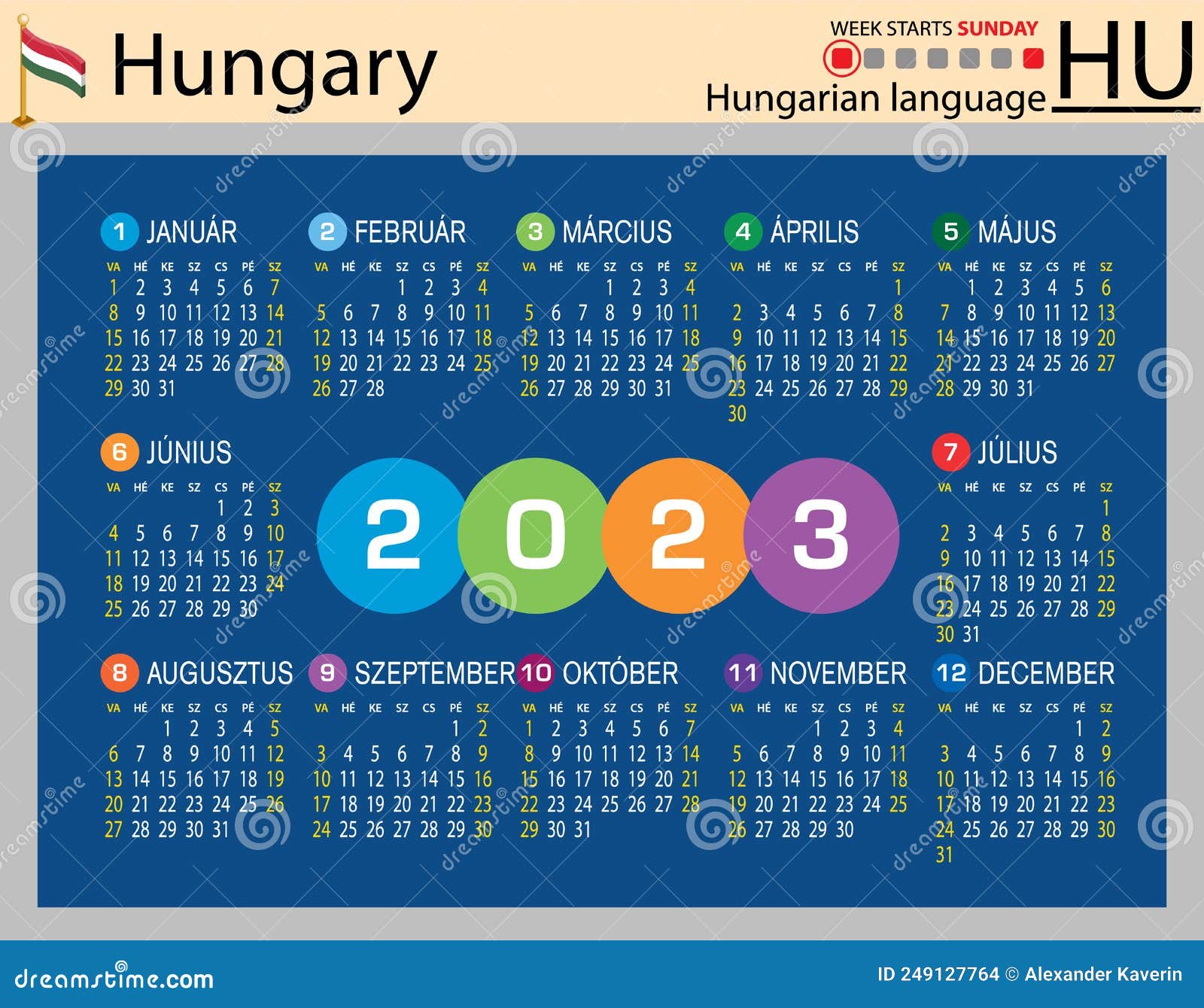 Hungarian Horizontal Pocket Calendar for 2023. Week Starts Sunday Stock