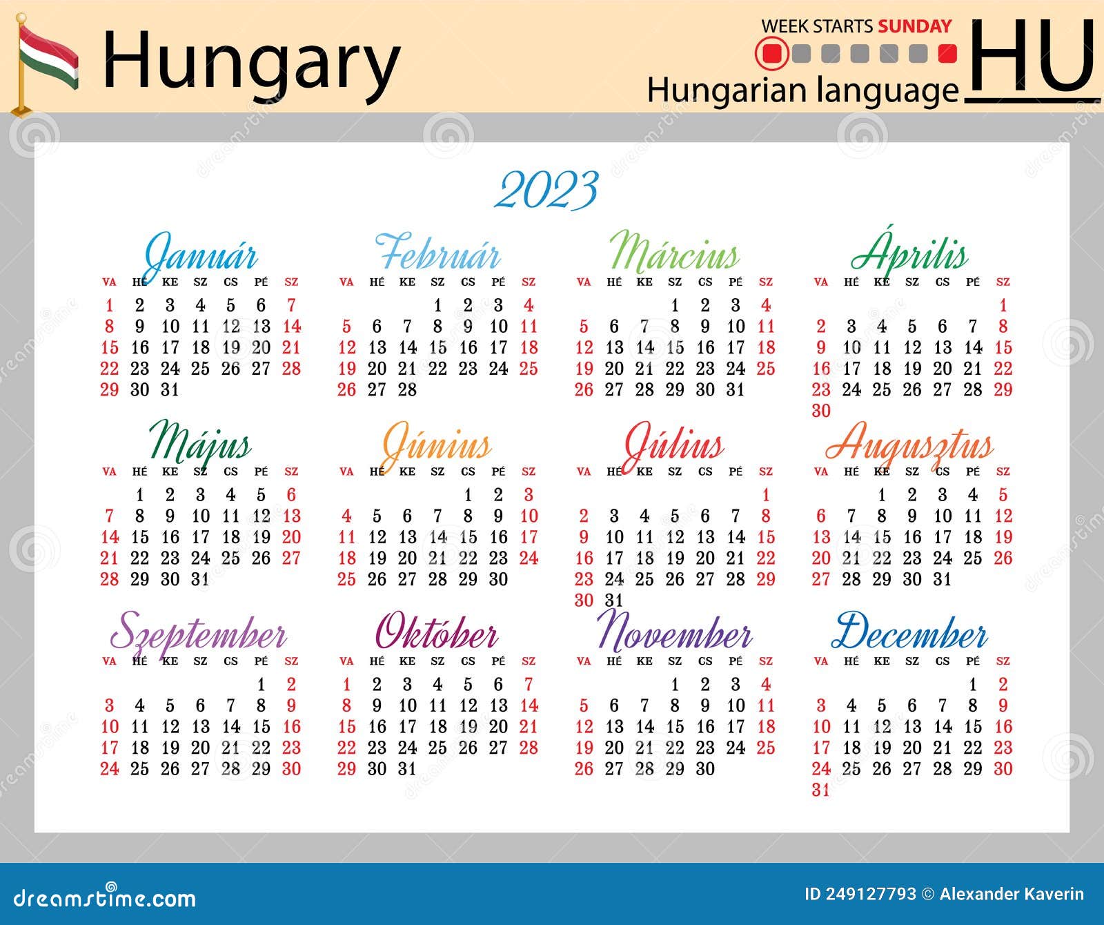 Hungarian Horizontal Pocket Calendar for 2023. Week Starts Sunday Stock