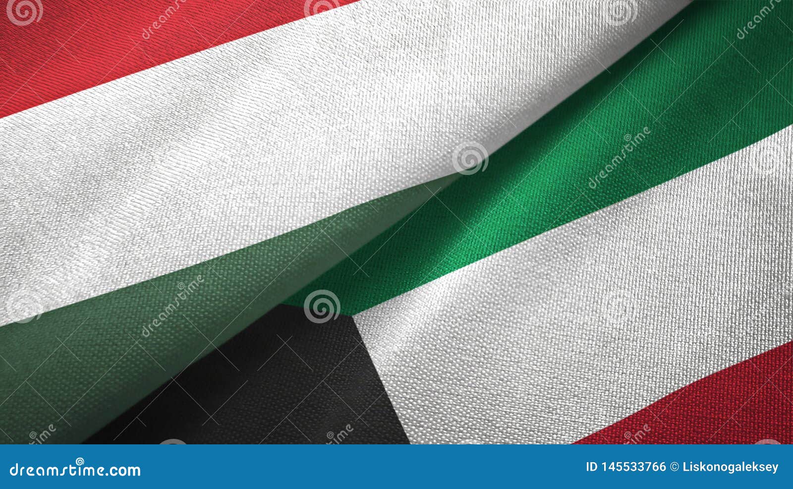 Hungary and Kuwait Two Flags Textile Cloth, Fabric Texture Stock