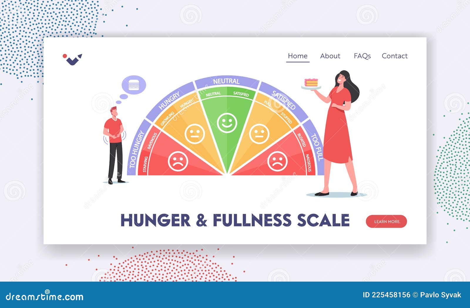 hunger and fullness scale landing page template. characters at chart starving, ravenous, growling, hungry. neutral