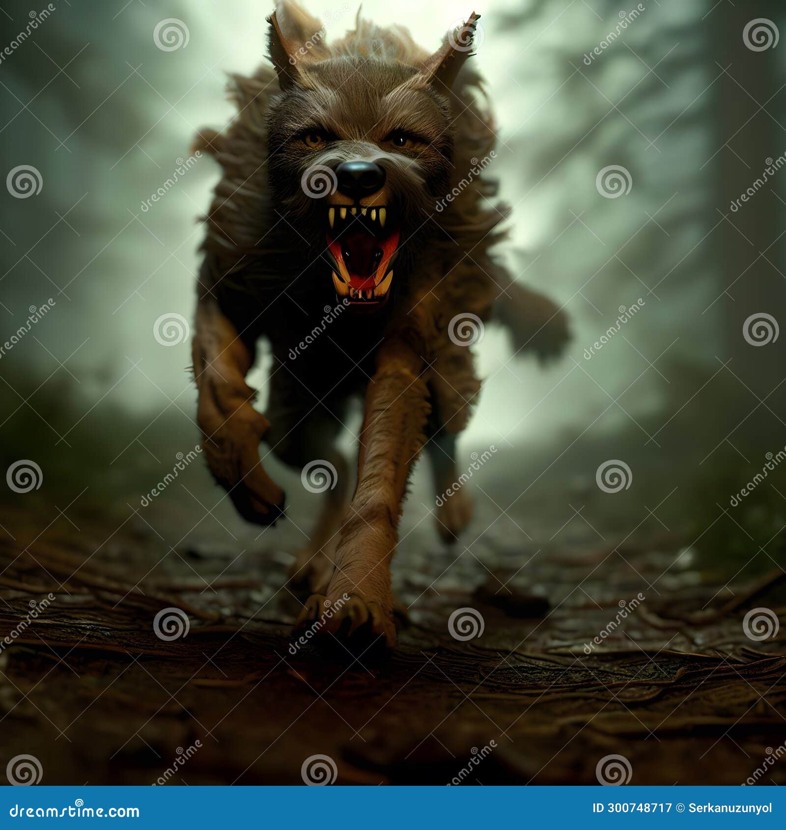 hunger, scarey wolf is running. red eyed, beast animal with big teeth. ai generative