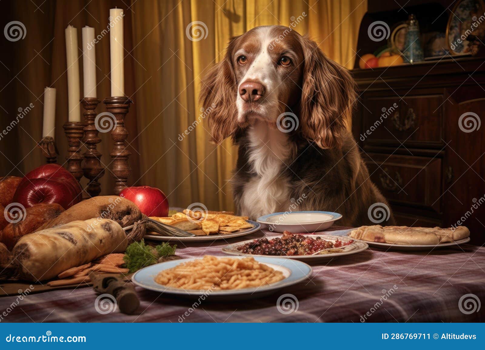 hungry dog staring longingly at a plate of food
