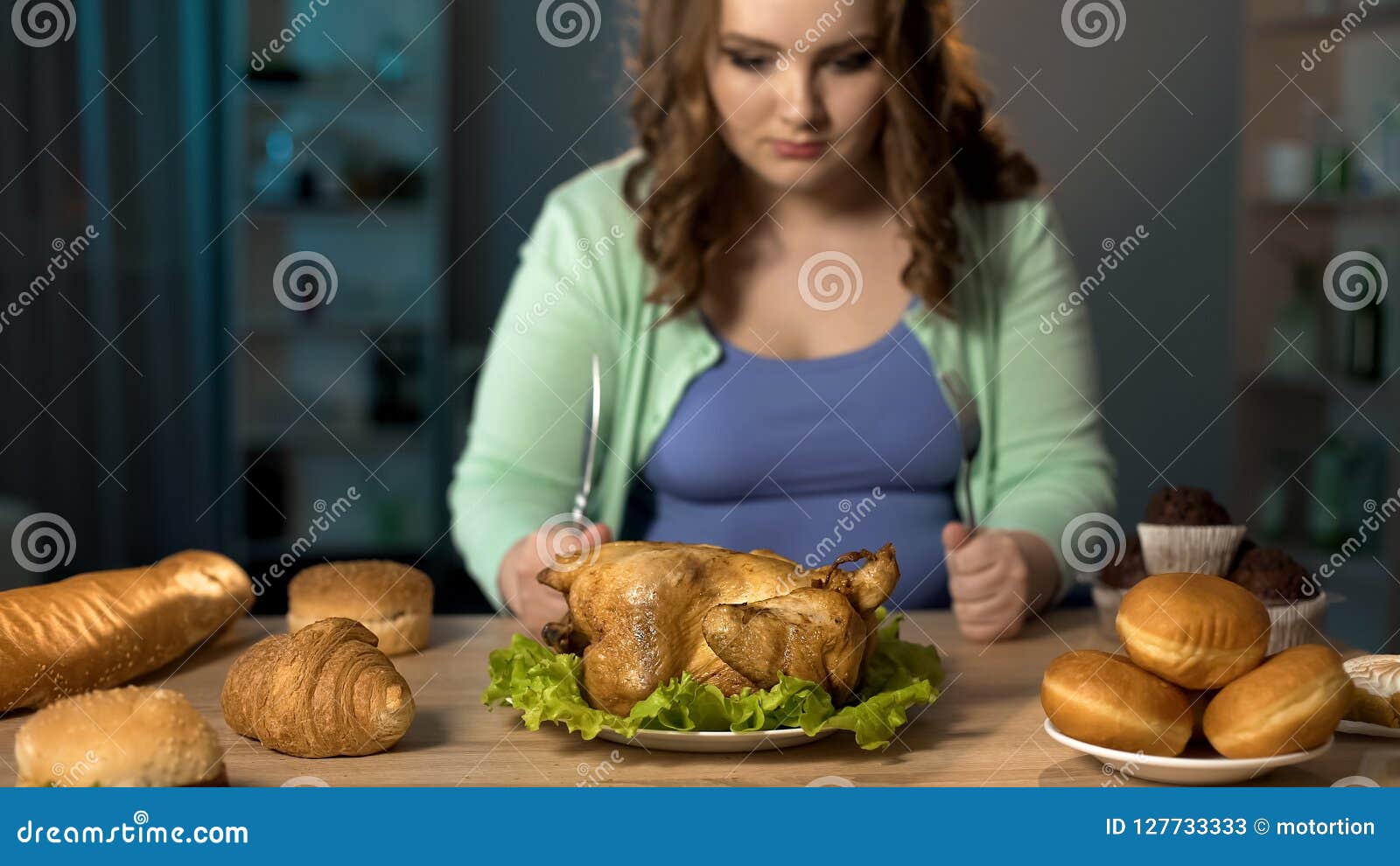 Hungry Fat Lady Preparing To Eat Roast Chicken Holding