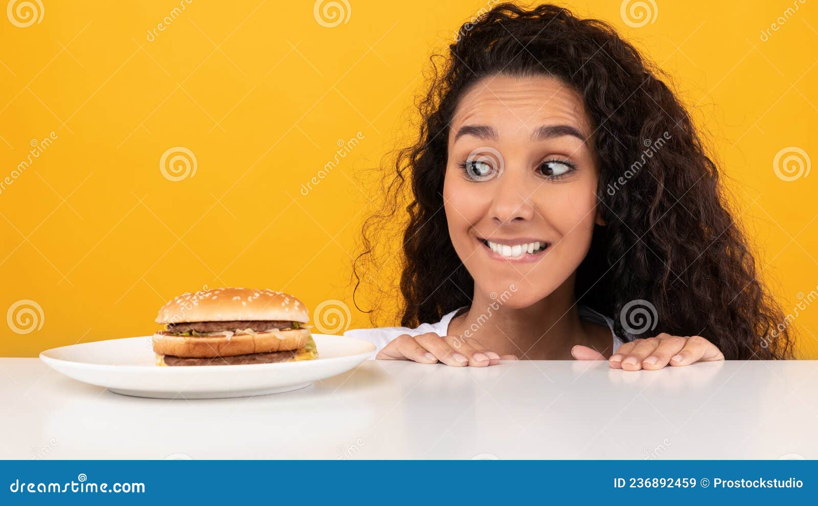 Hungry Lady Looking At Burger Peeping Out Table Stock Image Image Of Food Young 236892459