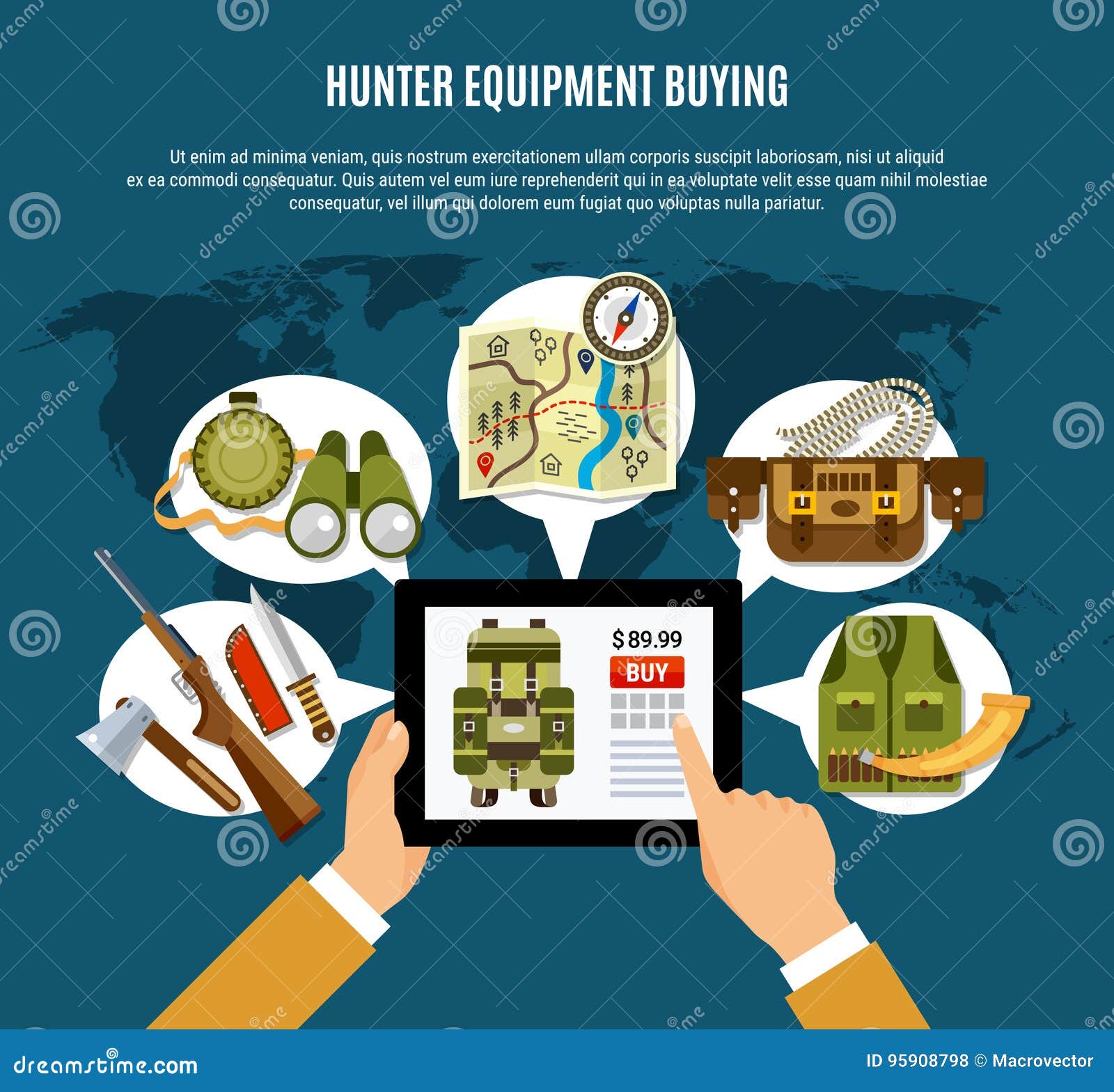 Hunter Equipment Set Flat Vector Illustration.