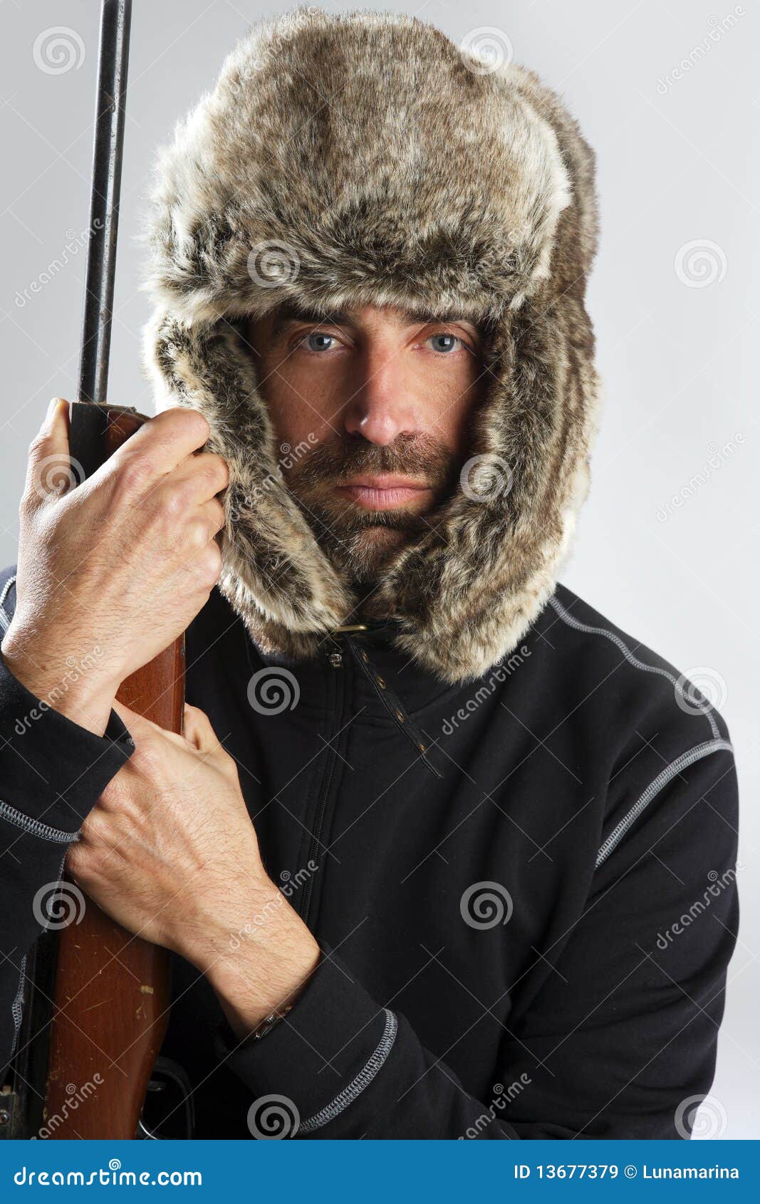 Hunter Winter Fur Hat Man Holding Gun Stock Image Image of activity, hunt 13677379