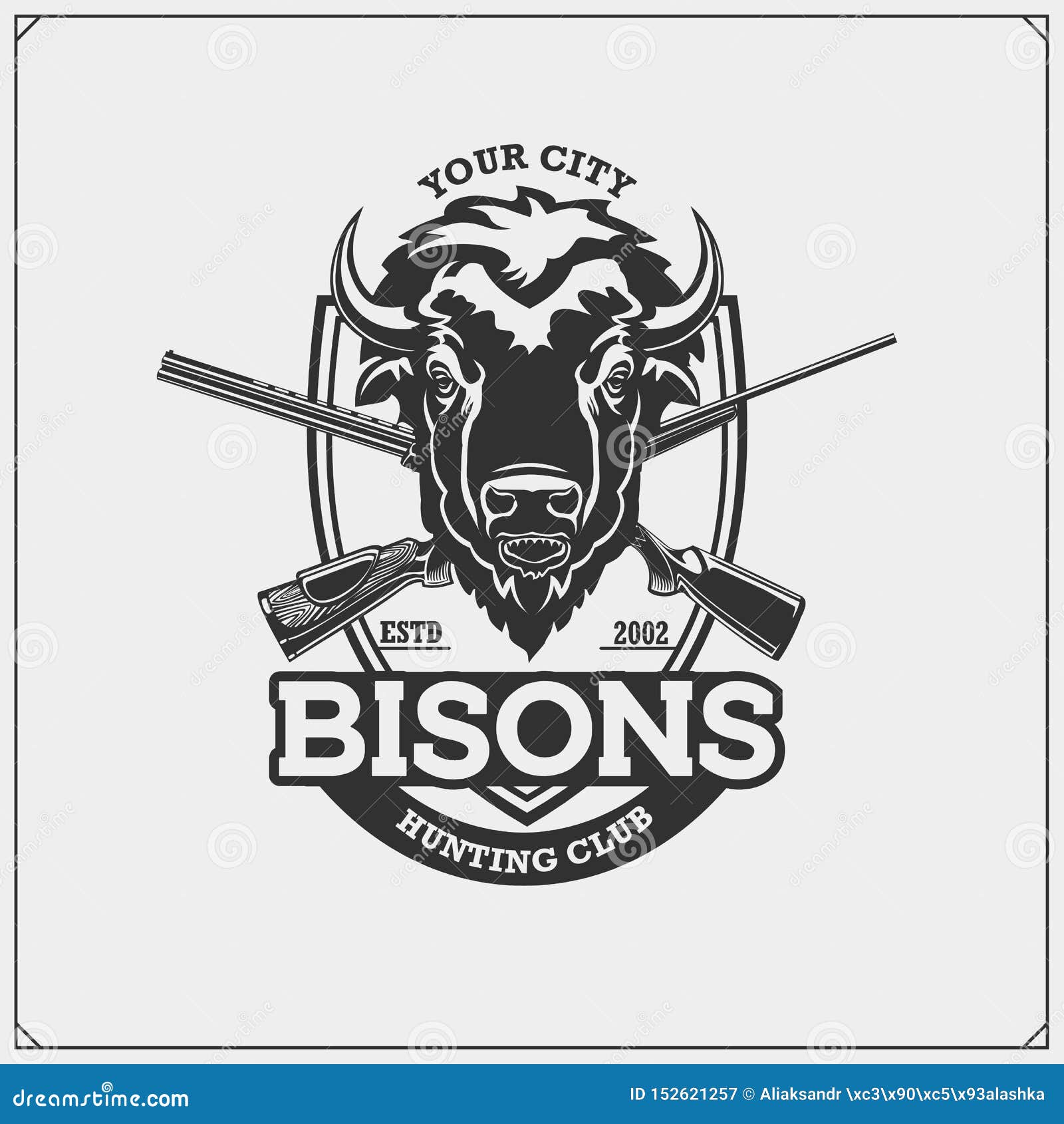 Hunting Club  Emblem With Bison And Crossed  Rifles  Stock 