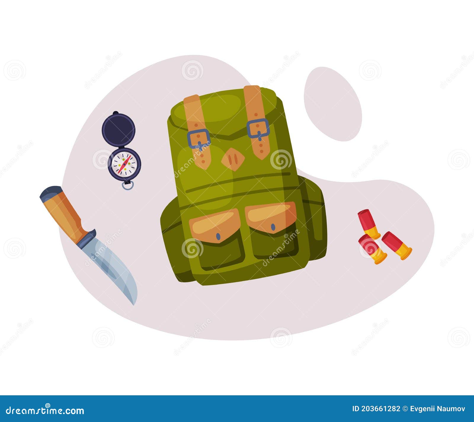 Hunting Objects Set, Backpack, Hunting Knife, Compass Tool, Bullets