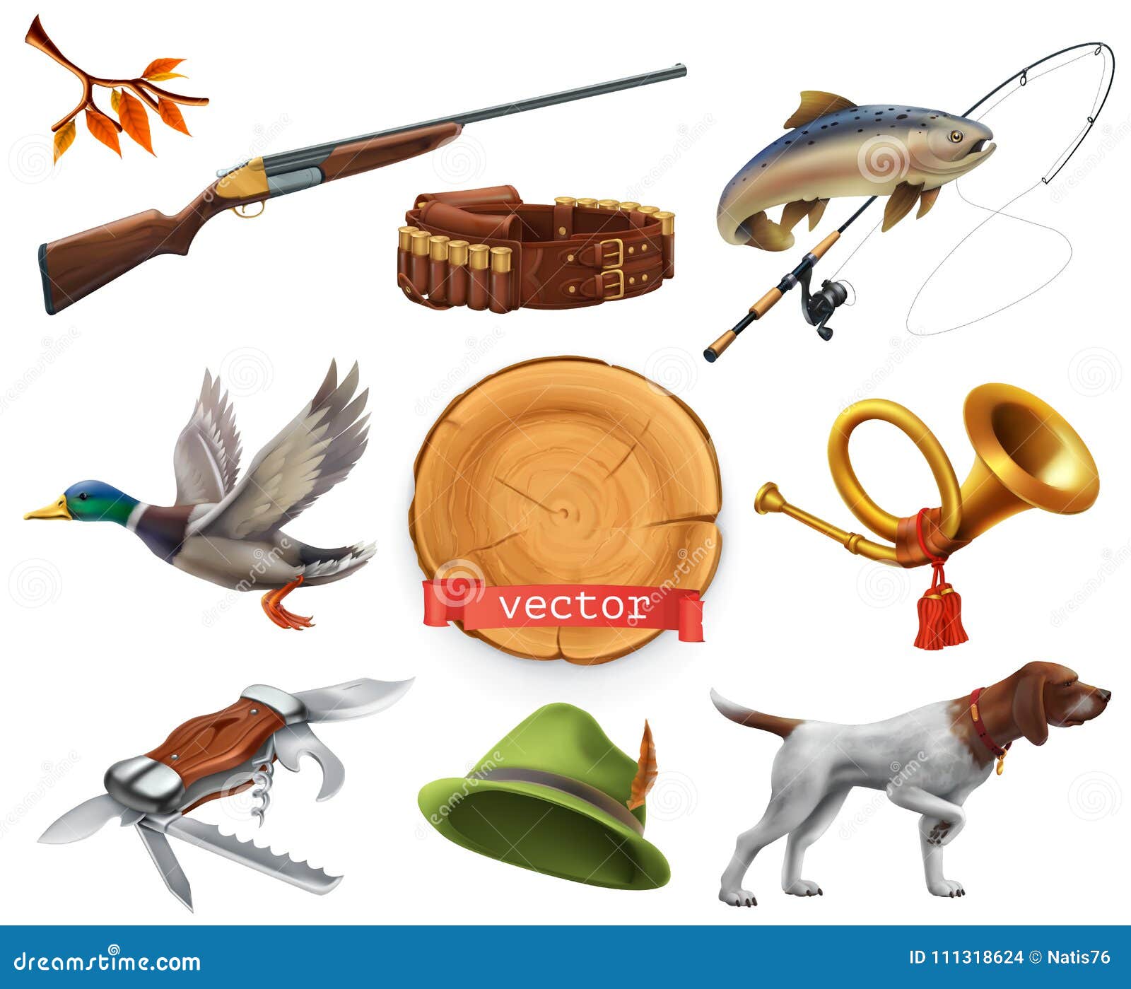 hunting set. shotgun, dog, duck, fishing, horn, hat, knife.  icon