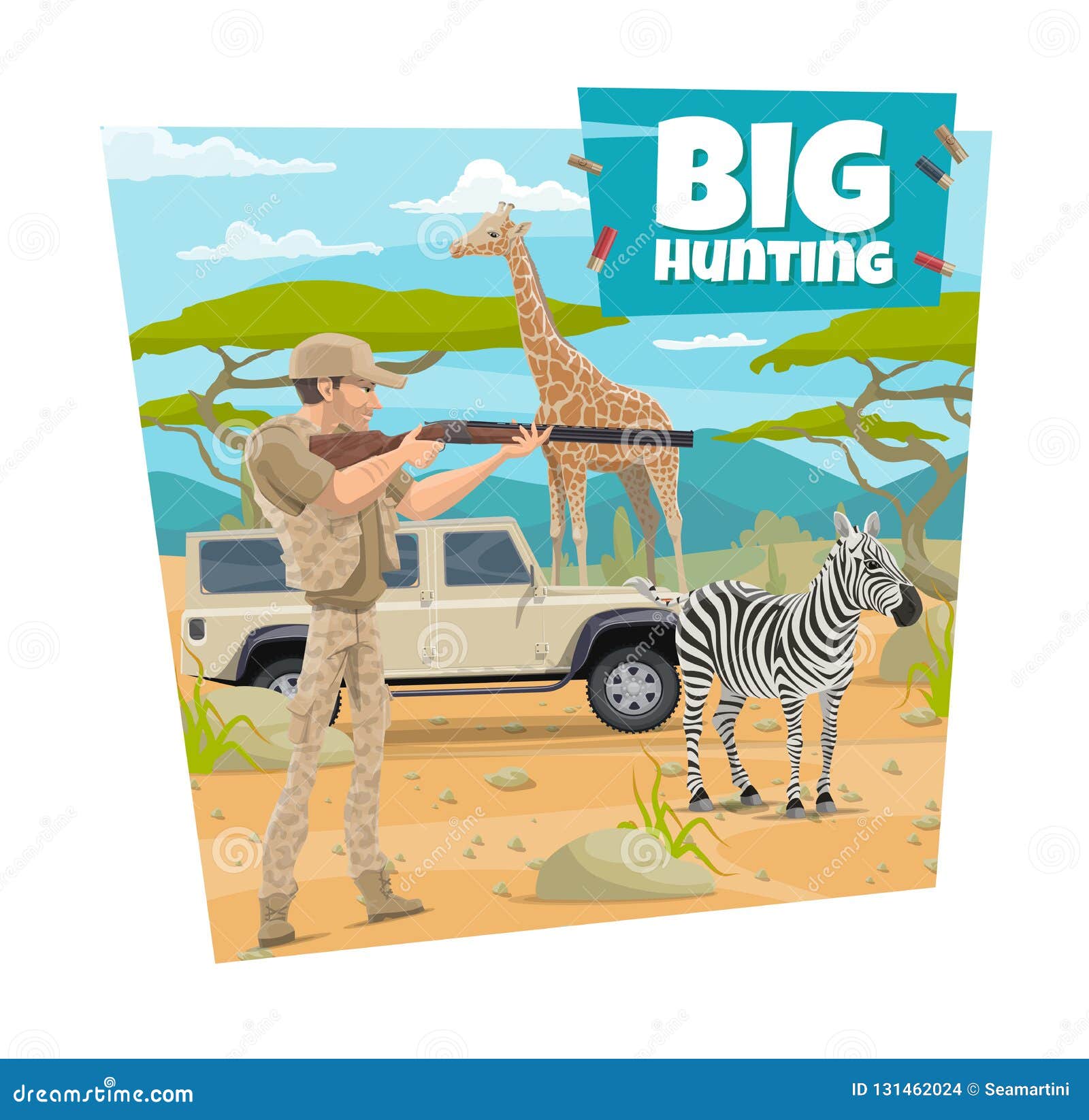 Hunting Sport African Safari Hunter And Animals Stock Vector Illustration Of Bullet Compass 131462024