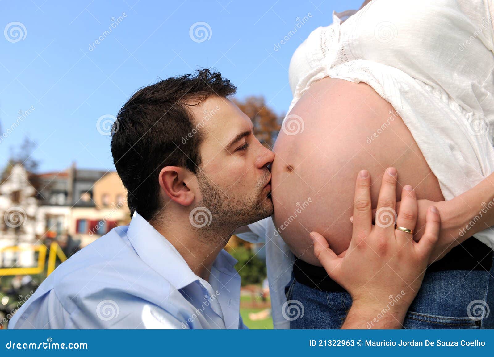 Husband Kissing Pregnant Belly Of His Wife Stock Image Image Of Happy Humen 21322963