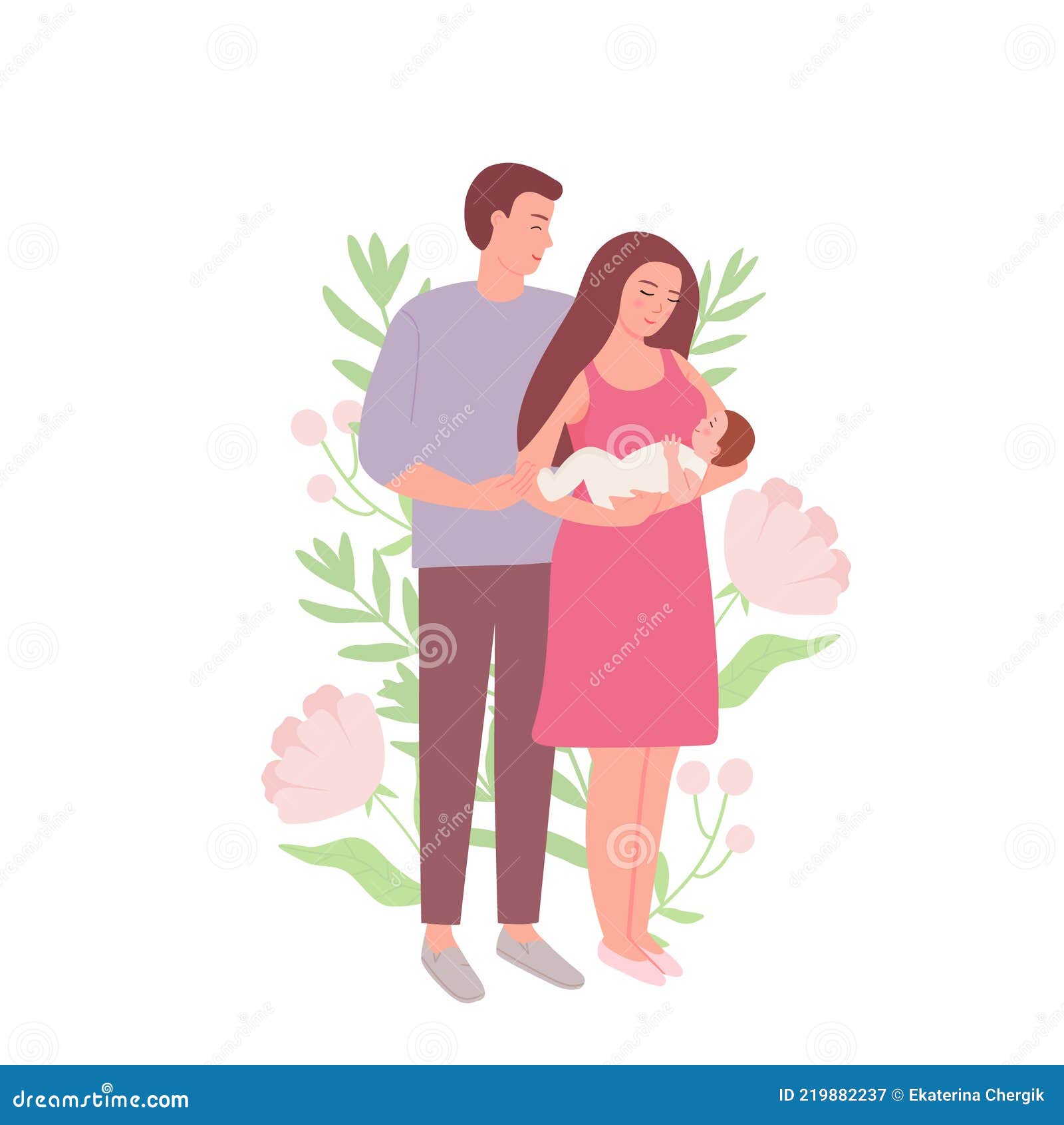 Husband and Wife with a Baby. a Happy Young Family on a Background of  Leaves and Flowers Stock Vector - Illustration of young, design: 219882237