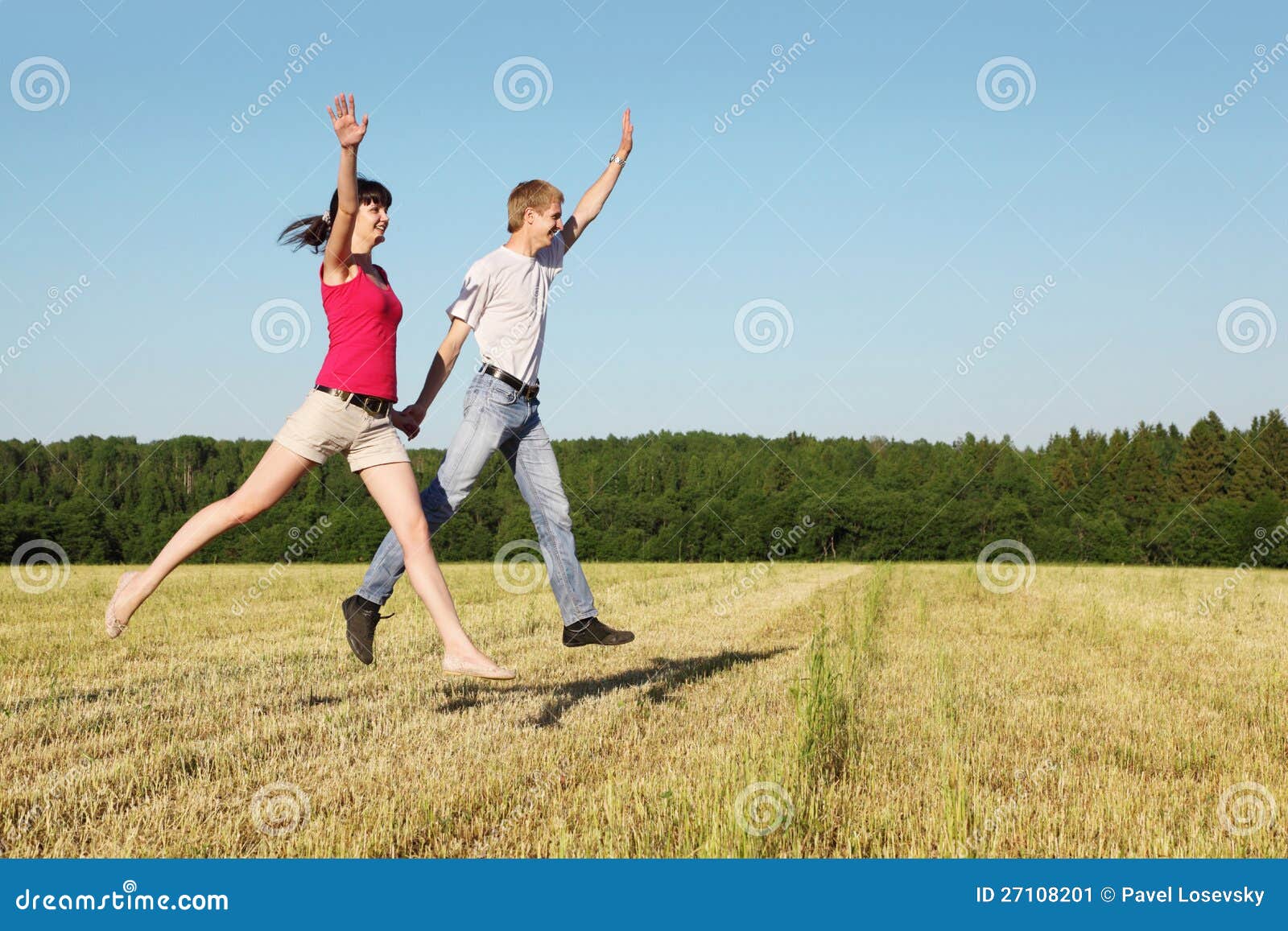 Husband, Wife Jumping in Field Stock Image Image of married