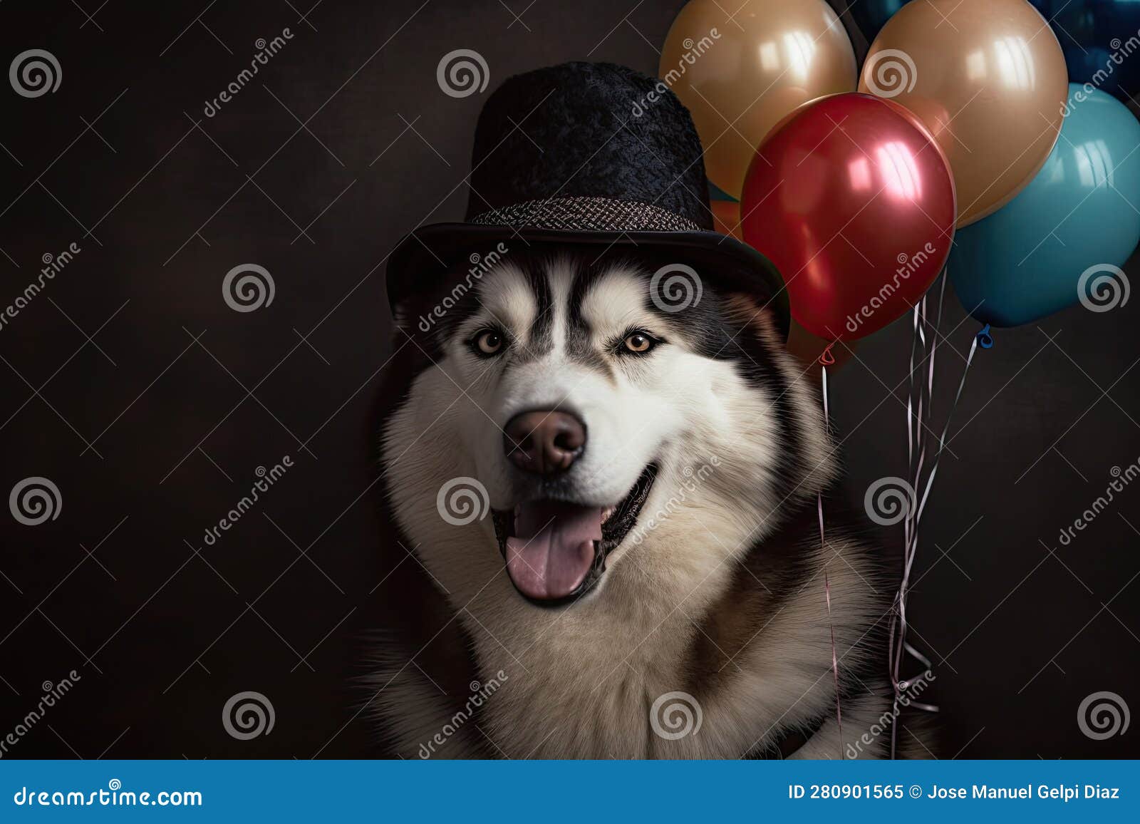 a husky dog with hats and balloons, in the style of photorealistic pastiche, photorealistic. generative ai