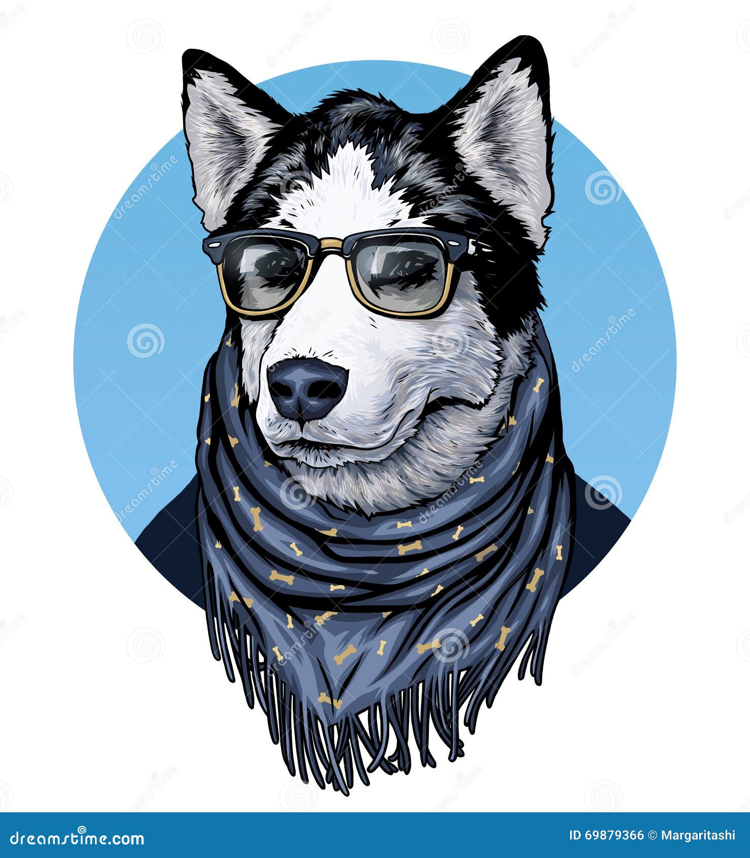 husky. dog wearing spectacles and scarf. ÃÂ¡olor graphic 