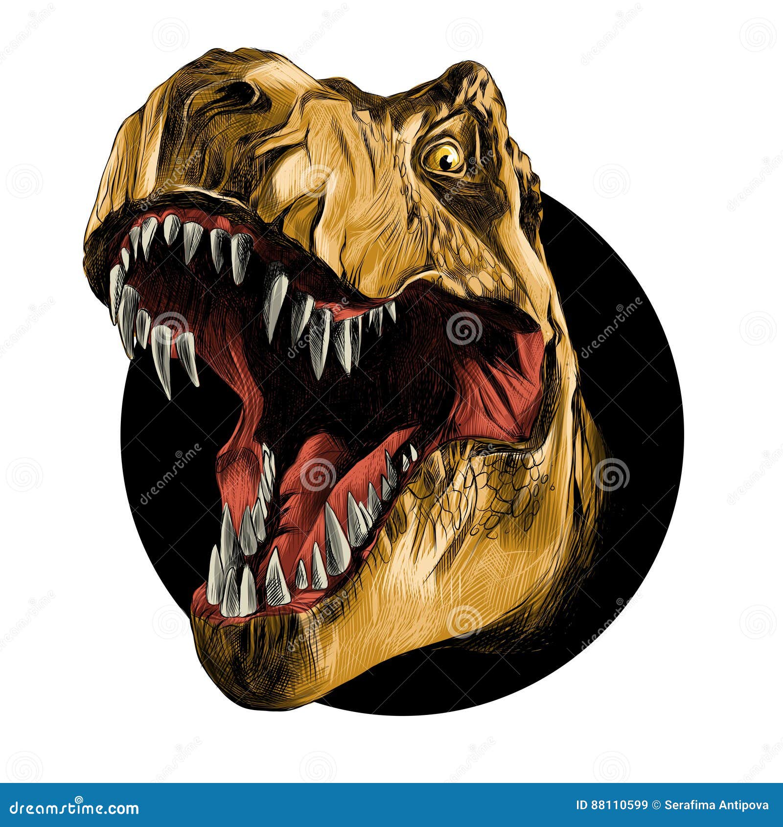 Huvudet av tyrannosarien Rex med den öppna munnen i cirkeln, skissar, vektorn, färgbilden, orange läder