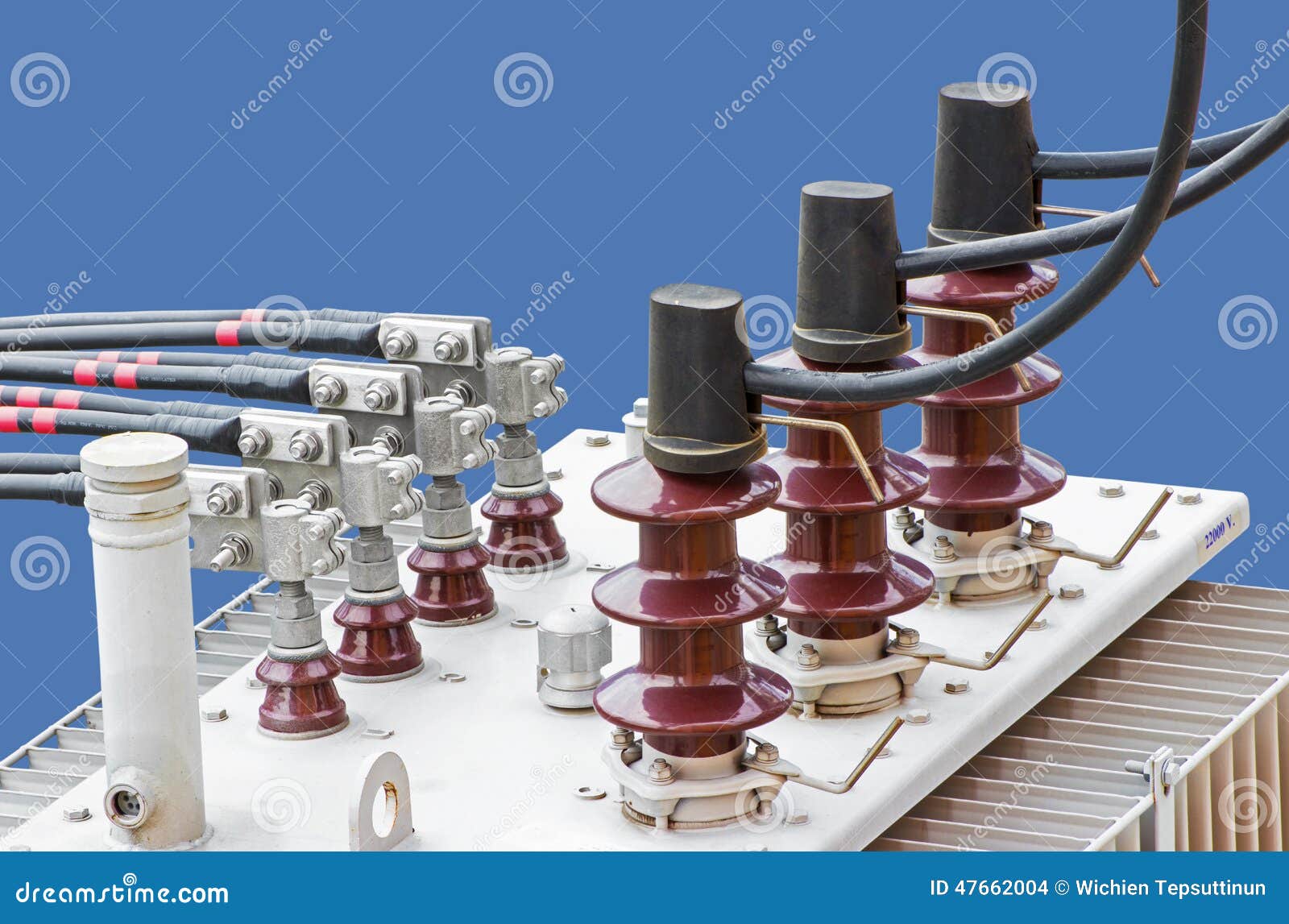 HV And LV Bushings Of Transformer Isolated On Blue Background Stock Photo - Image of insulation ...