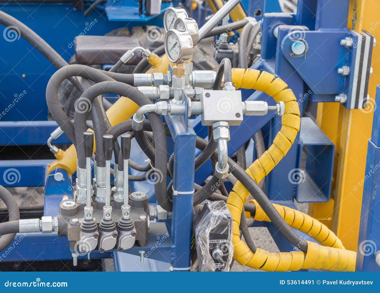 Hydraulic Tubes, Fittings And Levers On Control Panel Stock Image