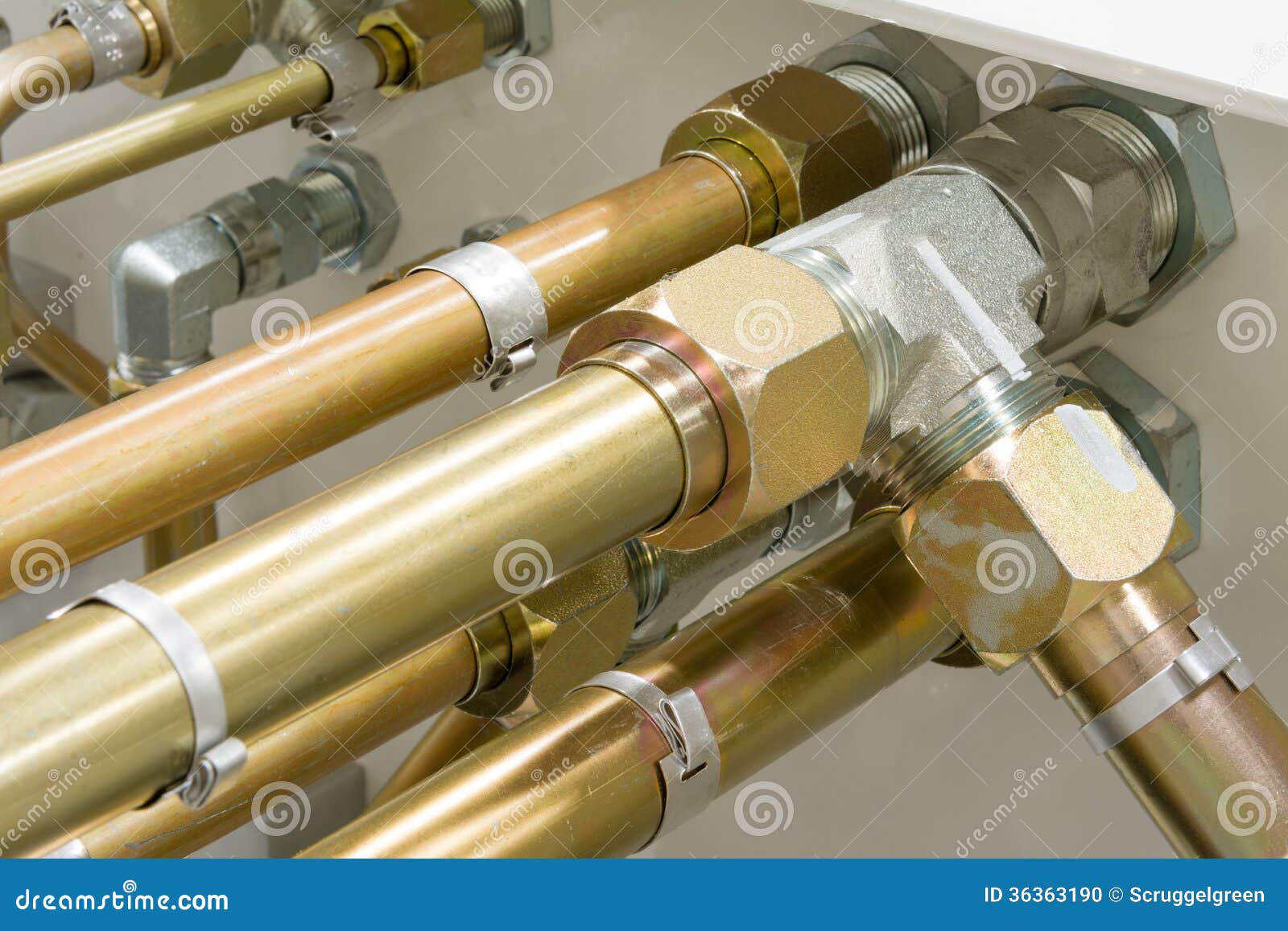 Hydraulic Tubes, Fittings And Levers On Control Panel Stock Image