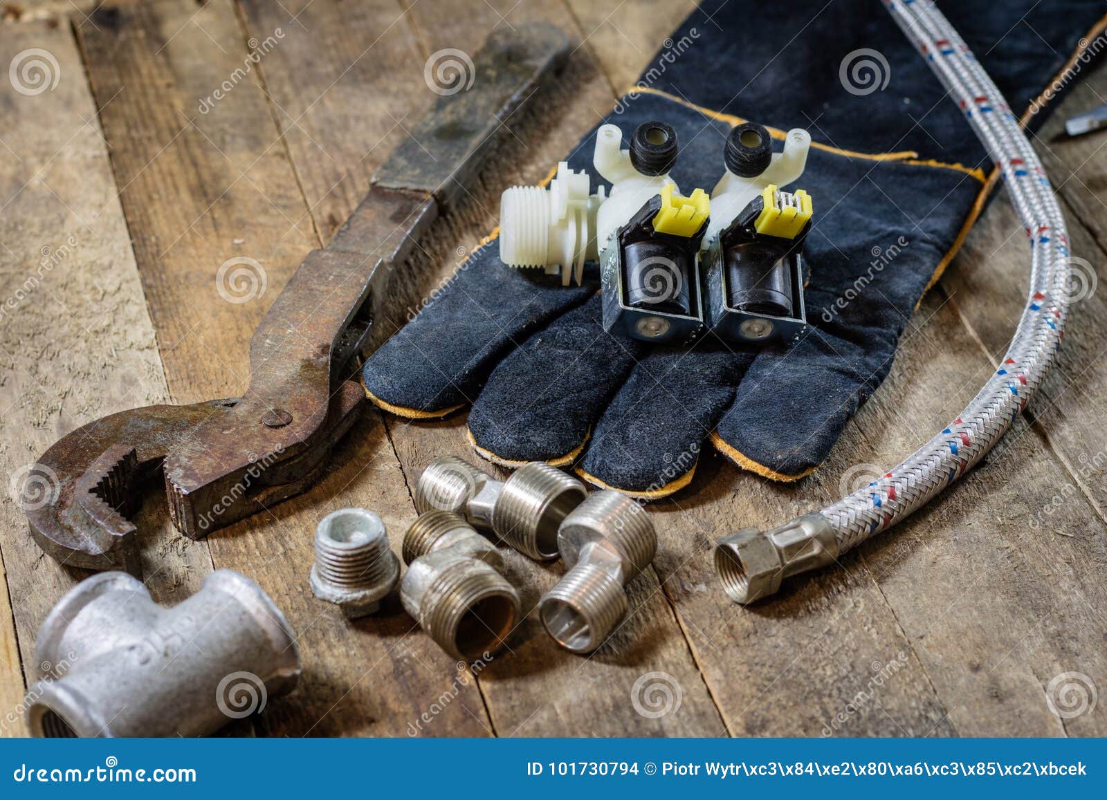 Hydraulics, Tools for Plumber on Wooden Table. Table a Stock Photo Image of