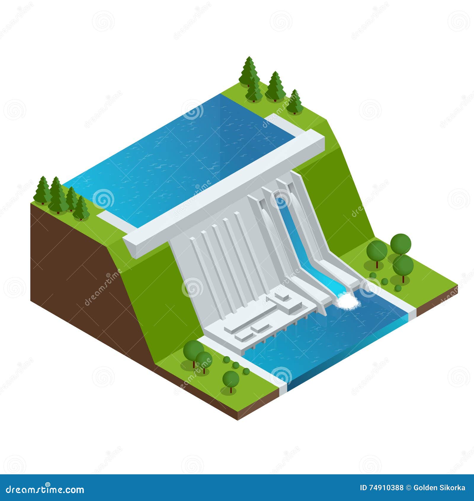 hydroelectric power plant. factory electric. water power station dam electricity grid energy supply chain. flat 3d