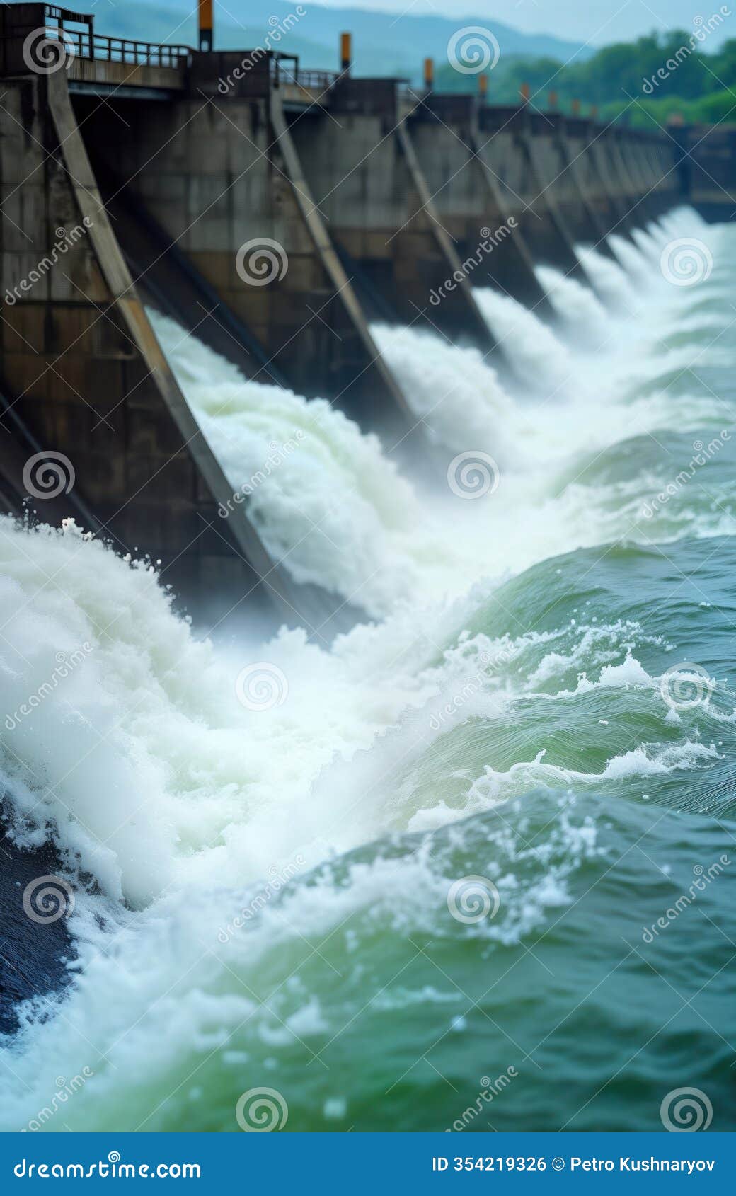 hydroelectric power station releases water forcefully from dam spillways. powerful flow of water creates dynamic waves. concrete