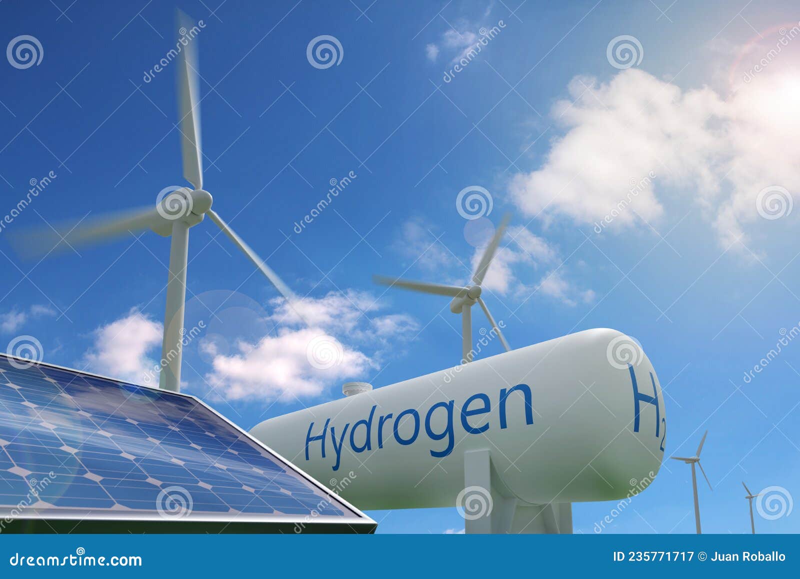 hydrogen tank, solar panel and windmills on blue sky background. sustainable and ecological energy concept. 3d 